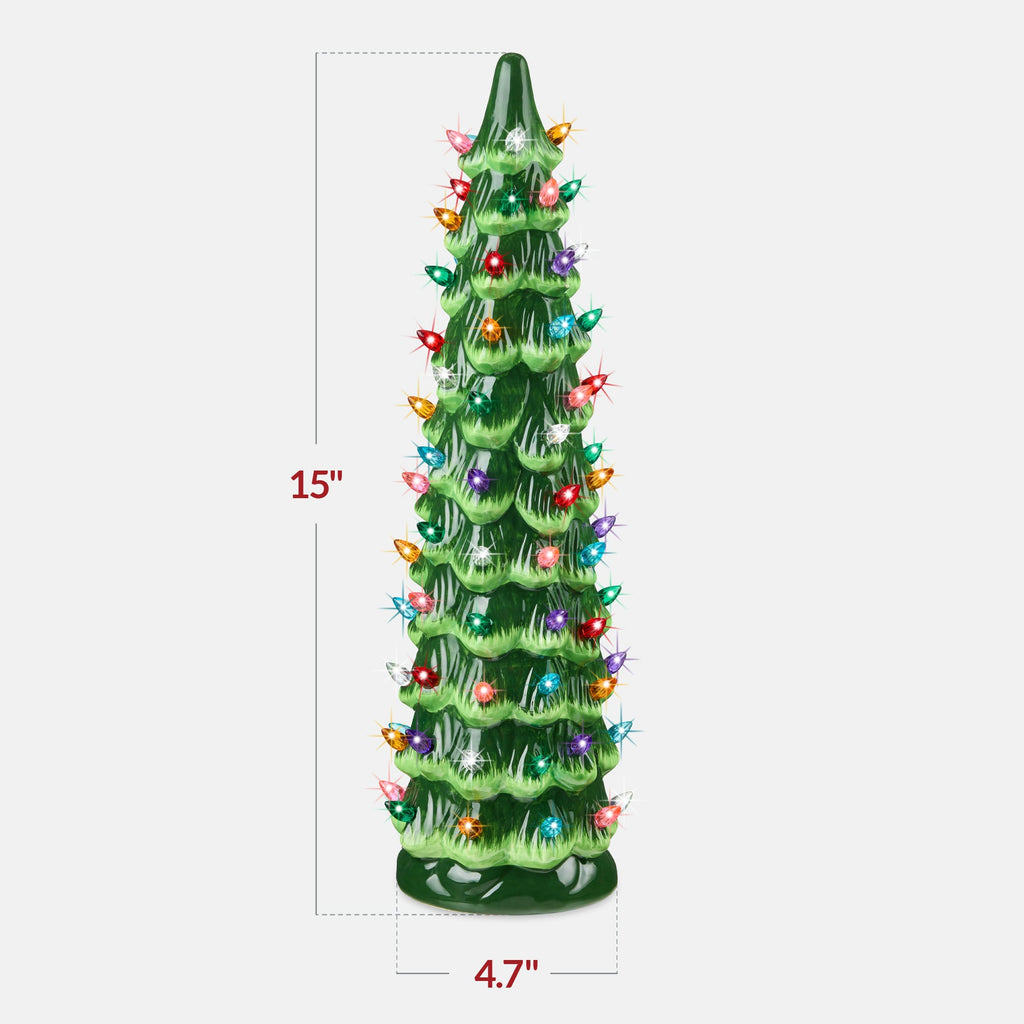 15in Ceramic Christmas Tree, Hand-Painted Holiday Decor w/ LED Lights