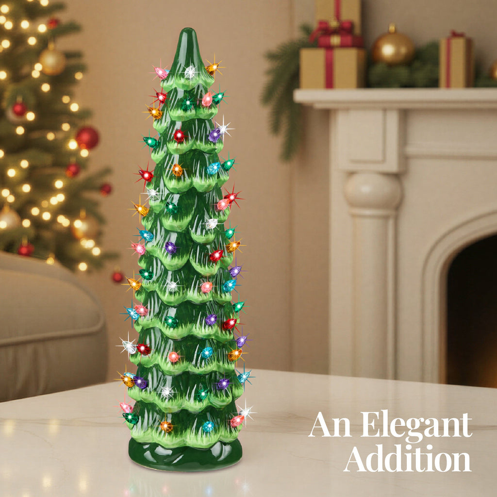 15in Ceramic Christmas Tree, Hand-Painted Holiday Decor w/ LED Lights