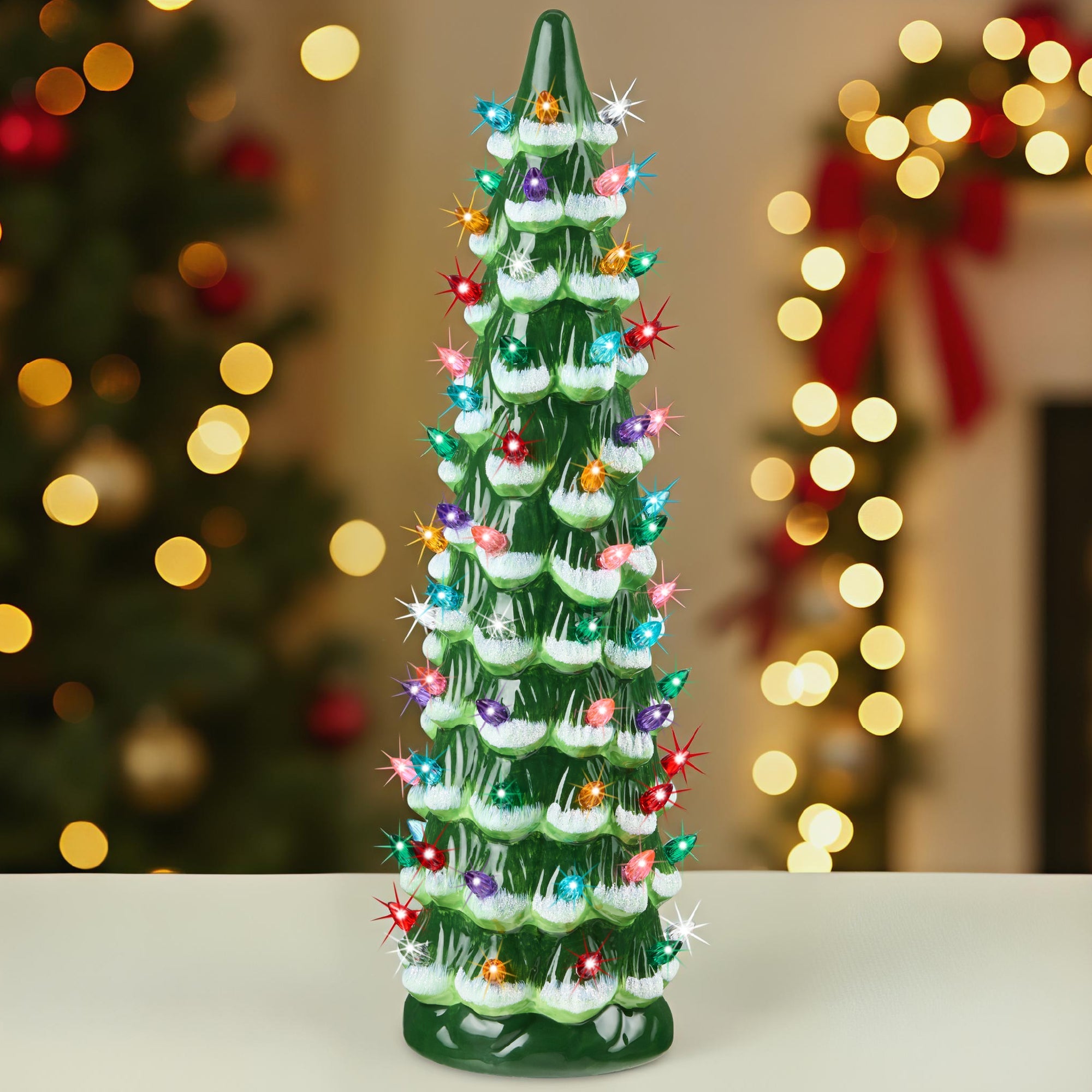 18in Ceramic Christmas Tree, Hand-Painted Holiday Decor w/ LED Lights