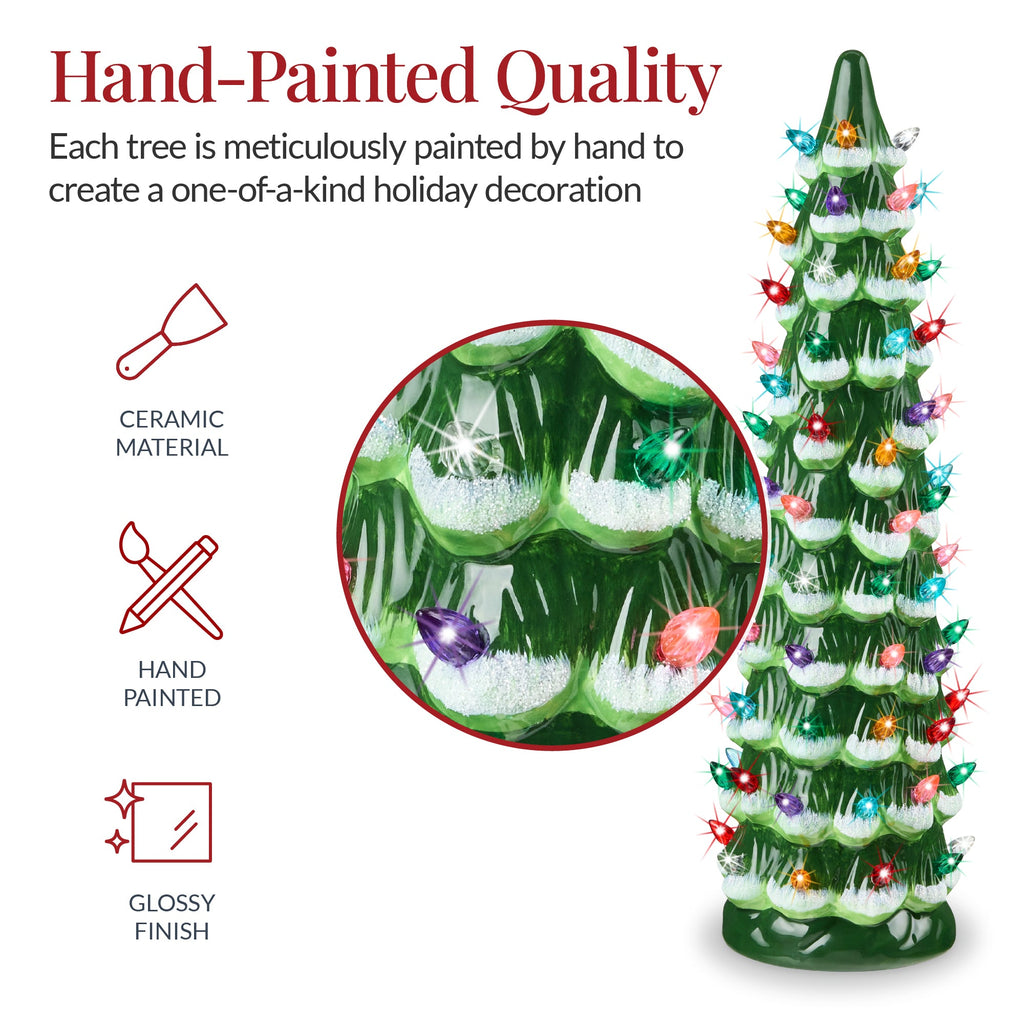 18in Ceramic Christmas Tree, Hand-Painted Holiday Decor w/ LED Lights