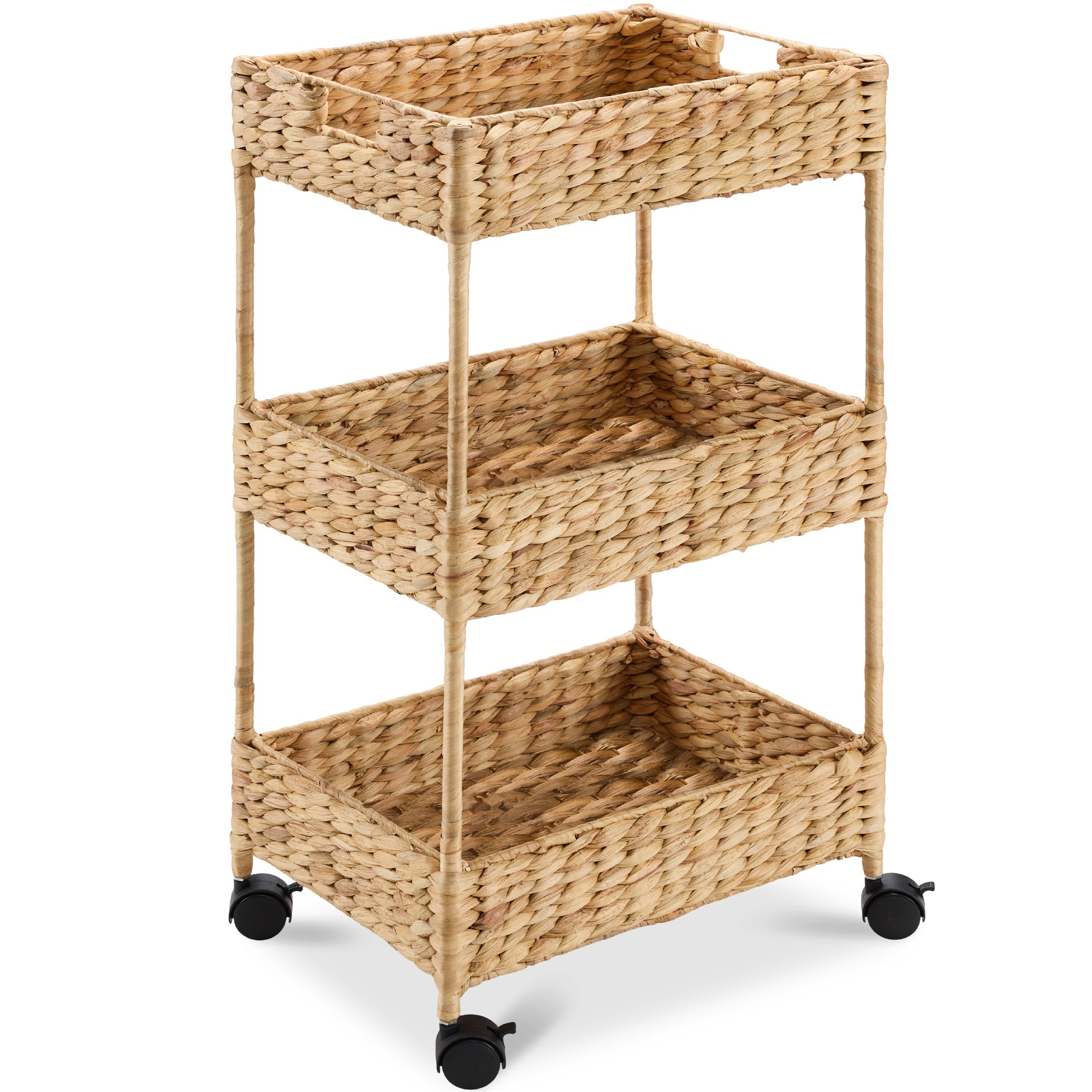 3-Tier Water Hyacinth Rolling Utility Cart w/ Weaved Baskets  Natural