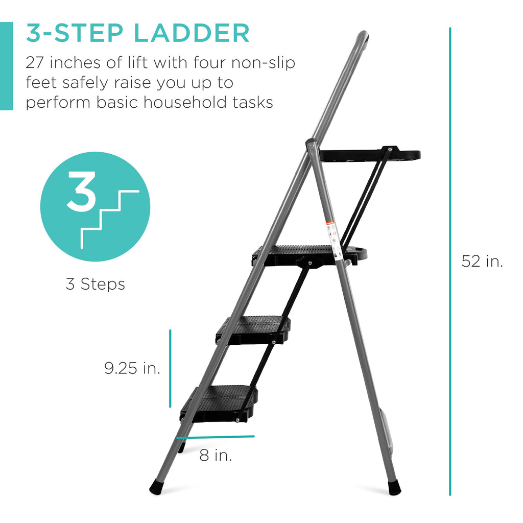 3-Step Folding Steel Ladder w/ Utility Tray, Hand Grip, 330lb Capacity