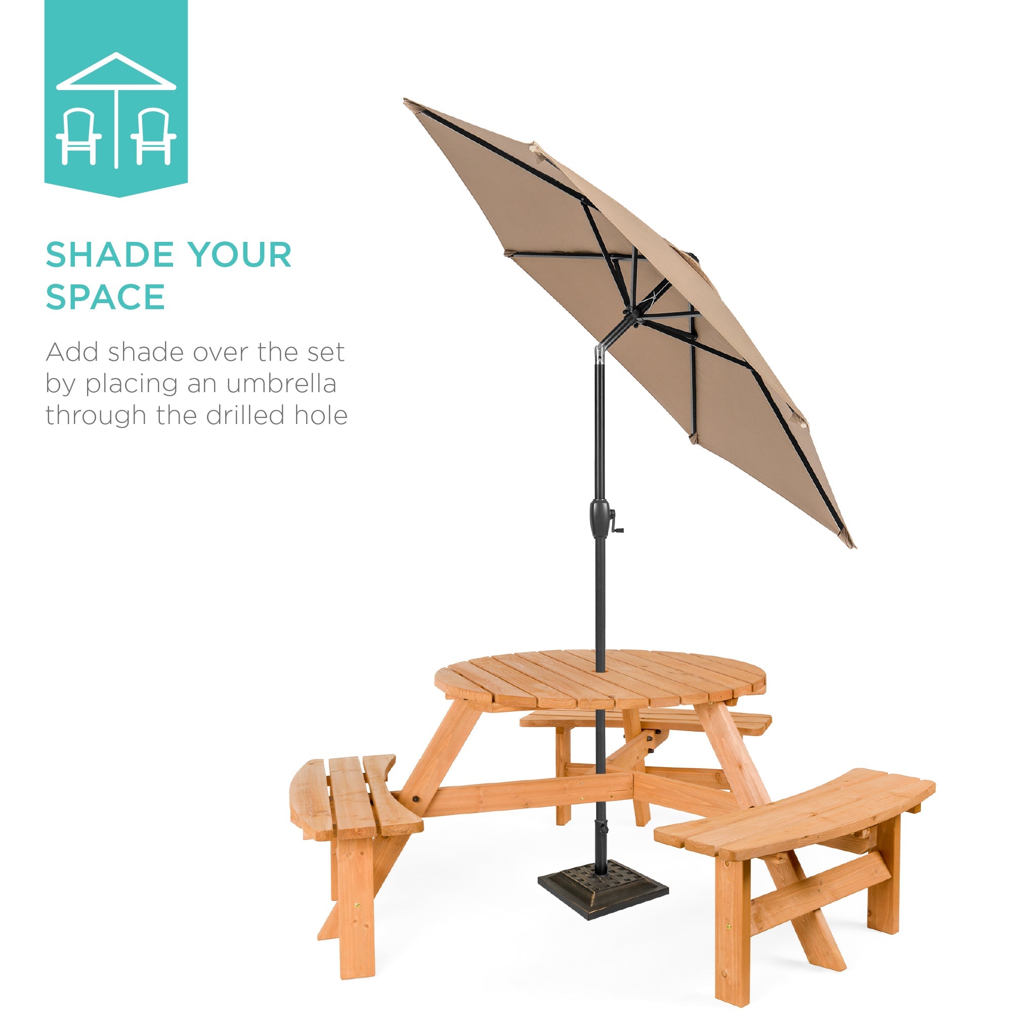 6-Person Circular Wooden Picnic Table w/ Umbrella Hole, 3 Benches