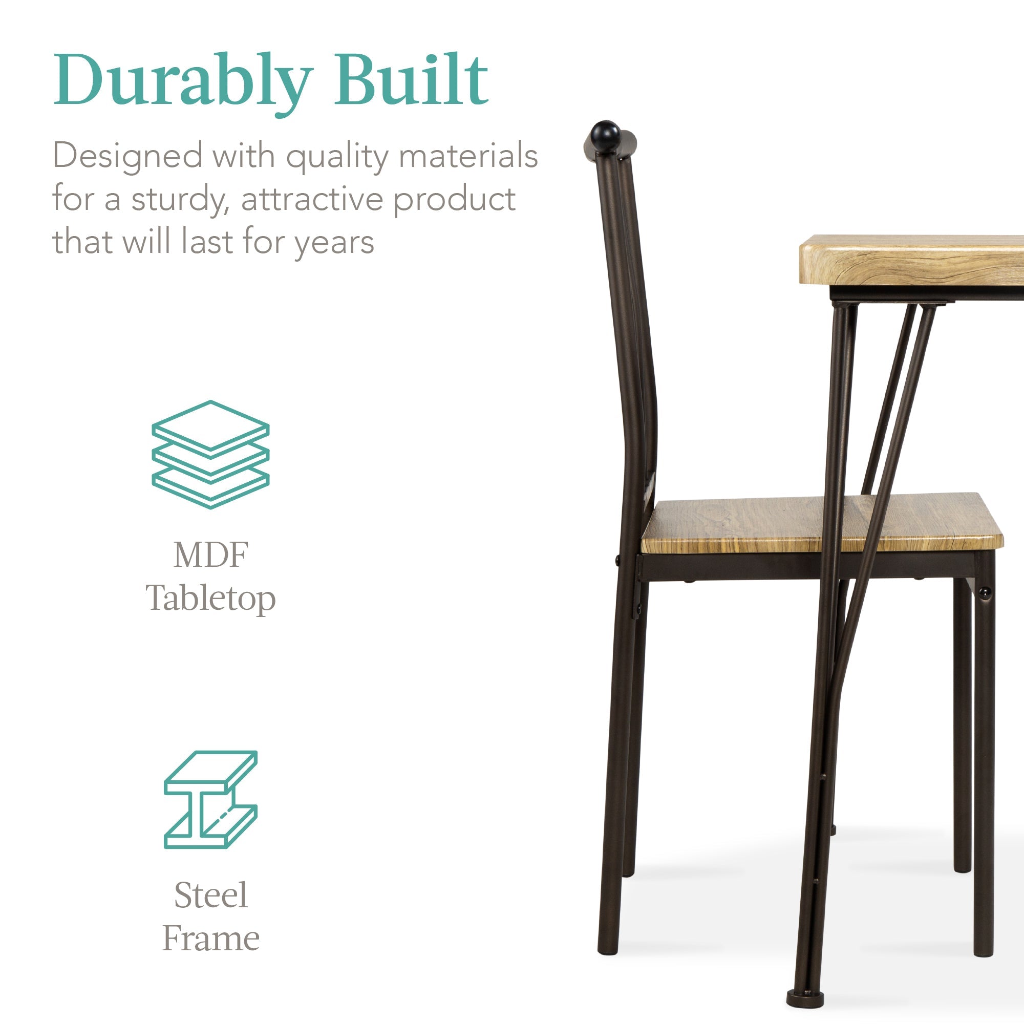 3-Piece Metal Wood Square Dining Table Furniture Set w/ 2 Chairs