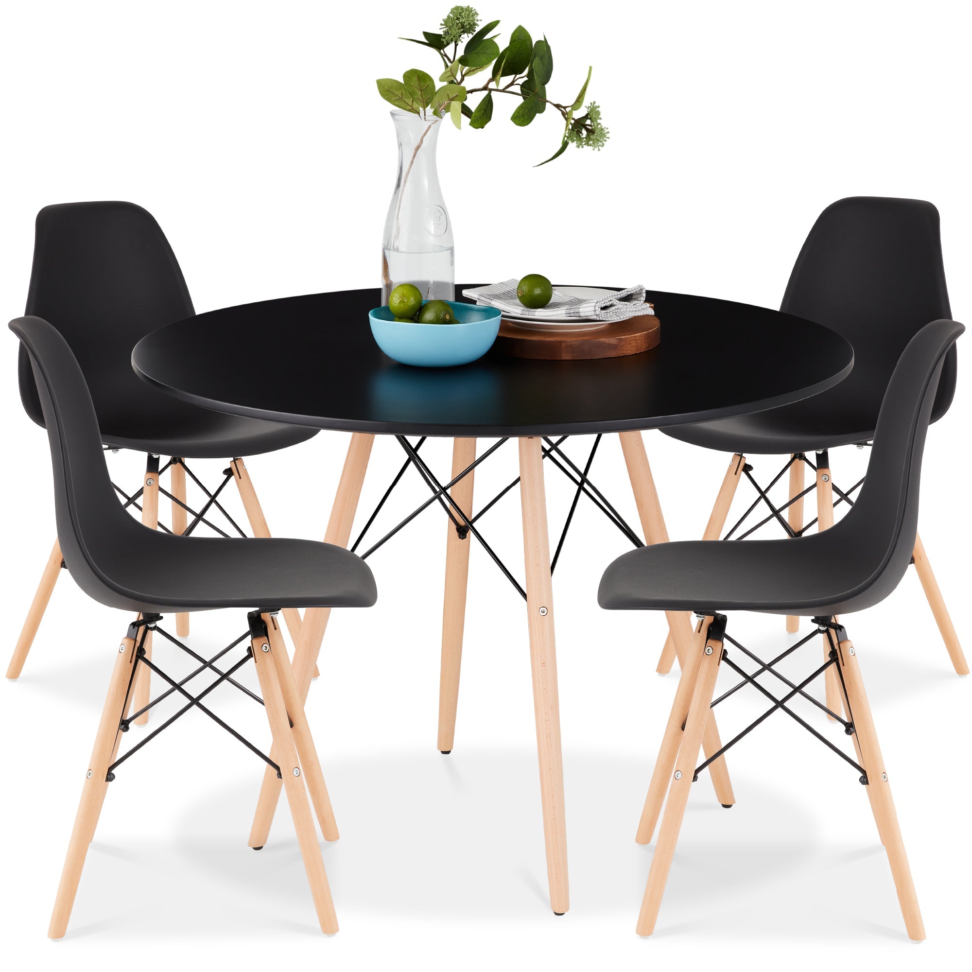 5-Piece Mid-Century Modern Dining Set w/ 4 Chairs, Wooden Legs, Metal Frame