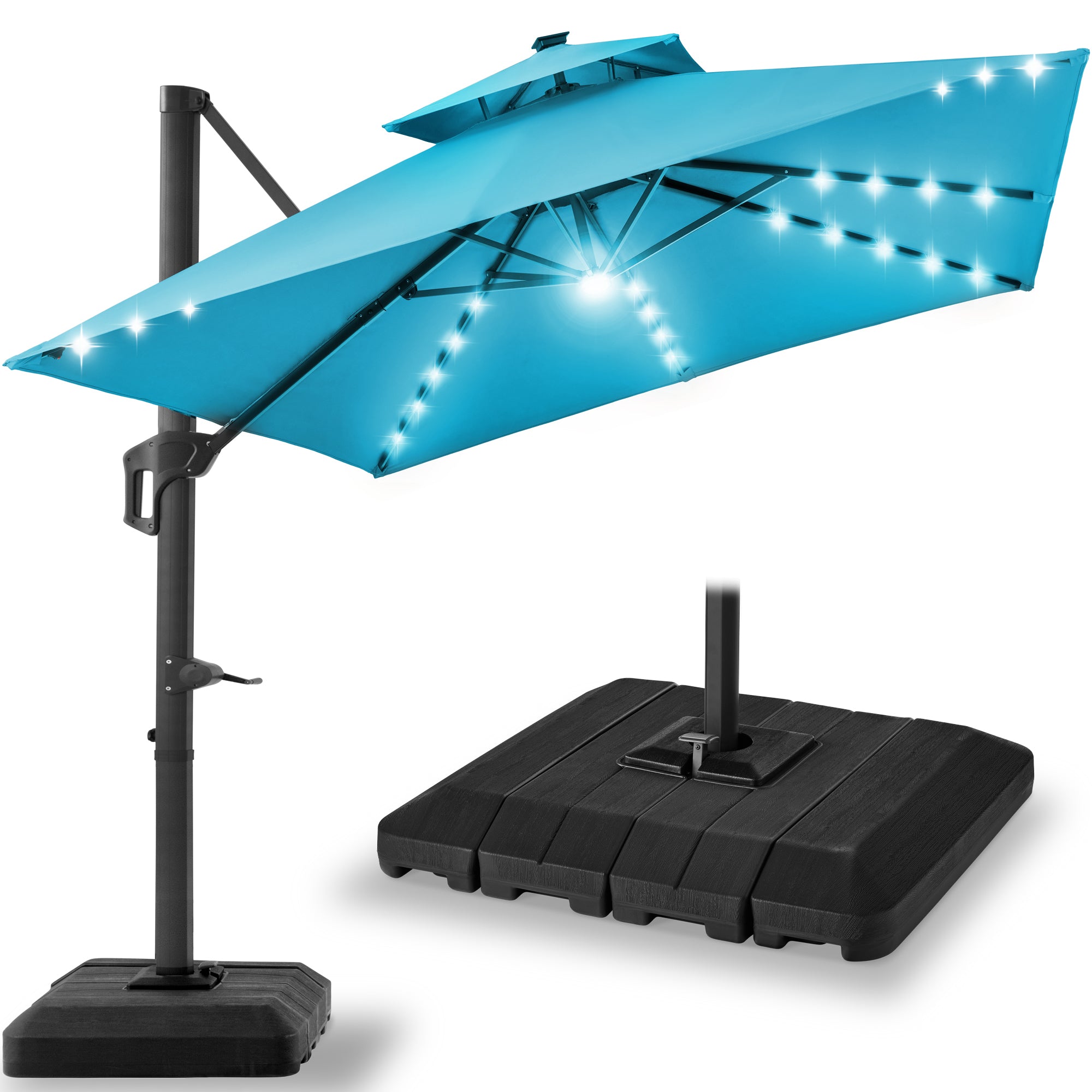 2-Tier Square LED Cantilever Offset Umbrella w/ 360 Rotation, Base - 10x10ft