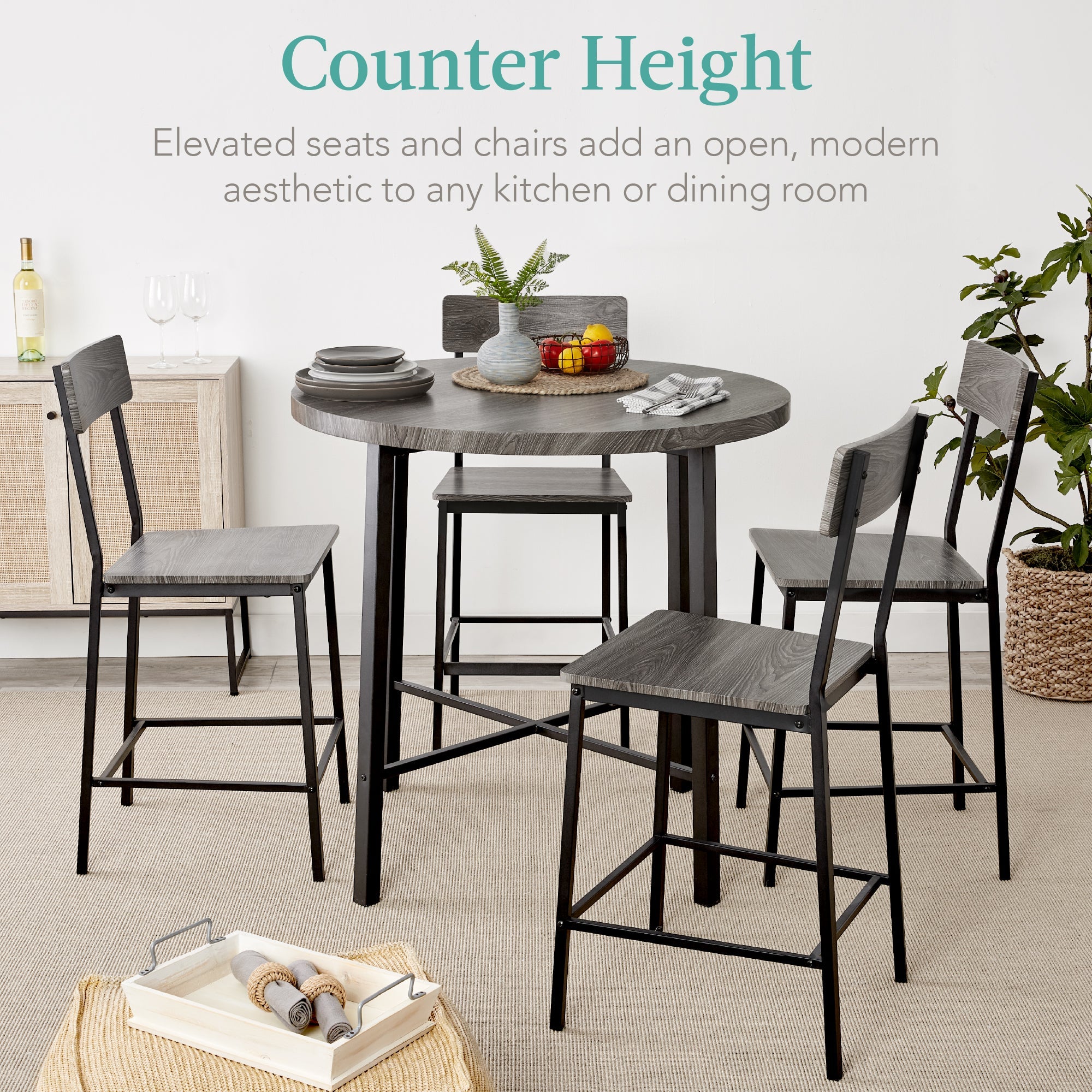 5-Piece Modern Round Counter Height Dining Set w/ 4 Chairs