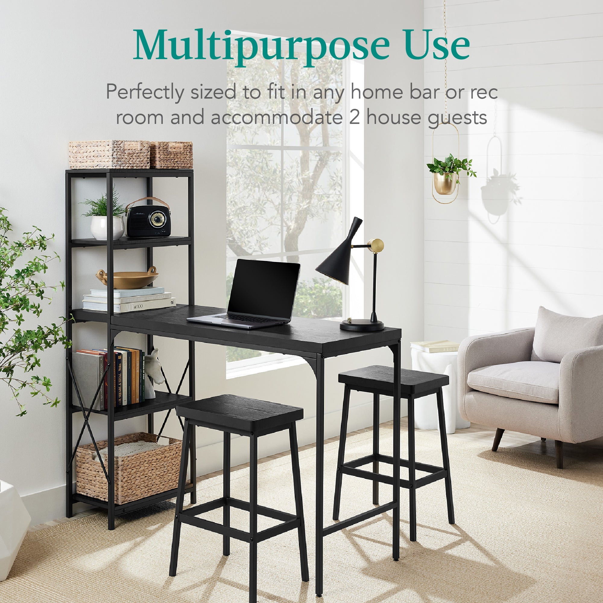 3-Piece Bar Height Dining Set w/ Bottle Rack, Glass Storage, 5 Shelves