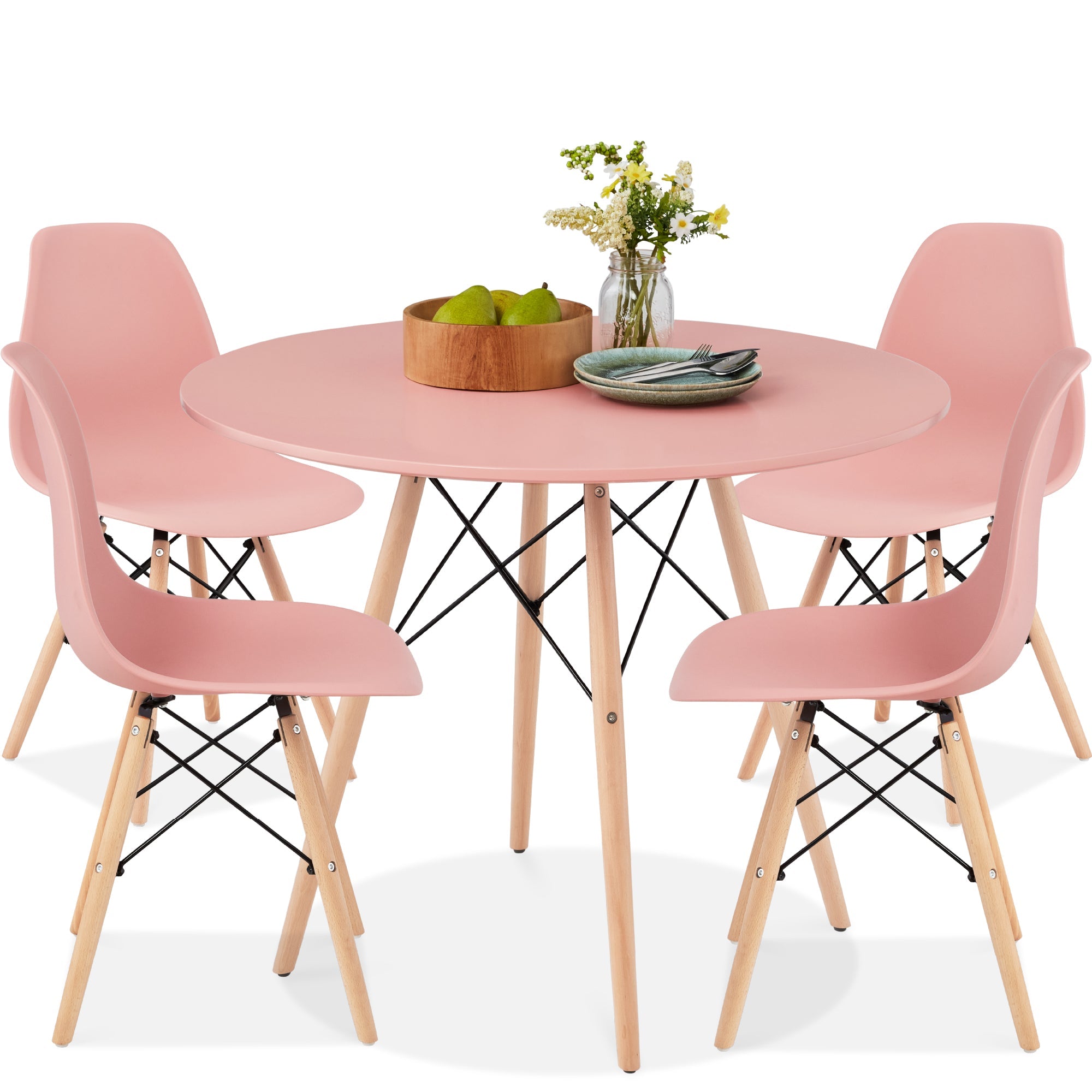 5-Piece Mid-Century Modern Dining Set w/ 4 Chairs, Wooden Legs, Metal Frame