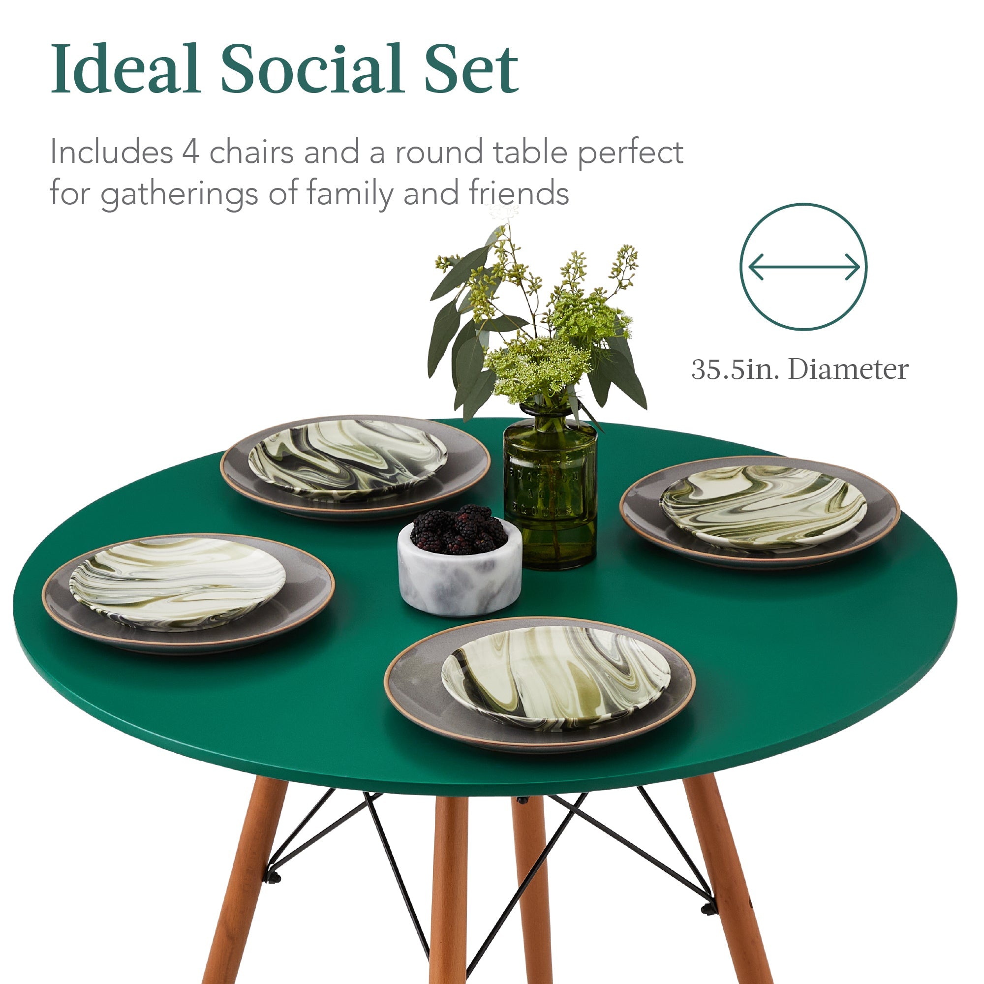 5-Piece Mid-Century Modern Dining Set w/ 4 Chairs, Wooden Legs, Metal Frame