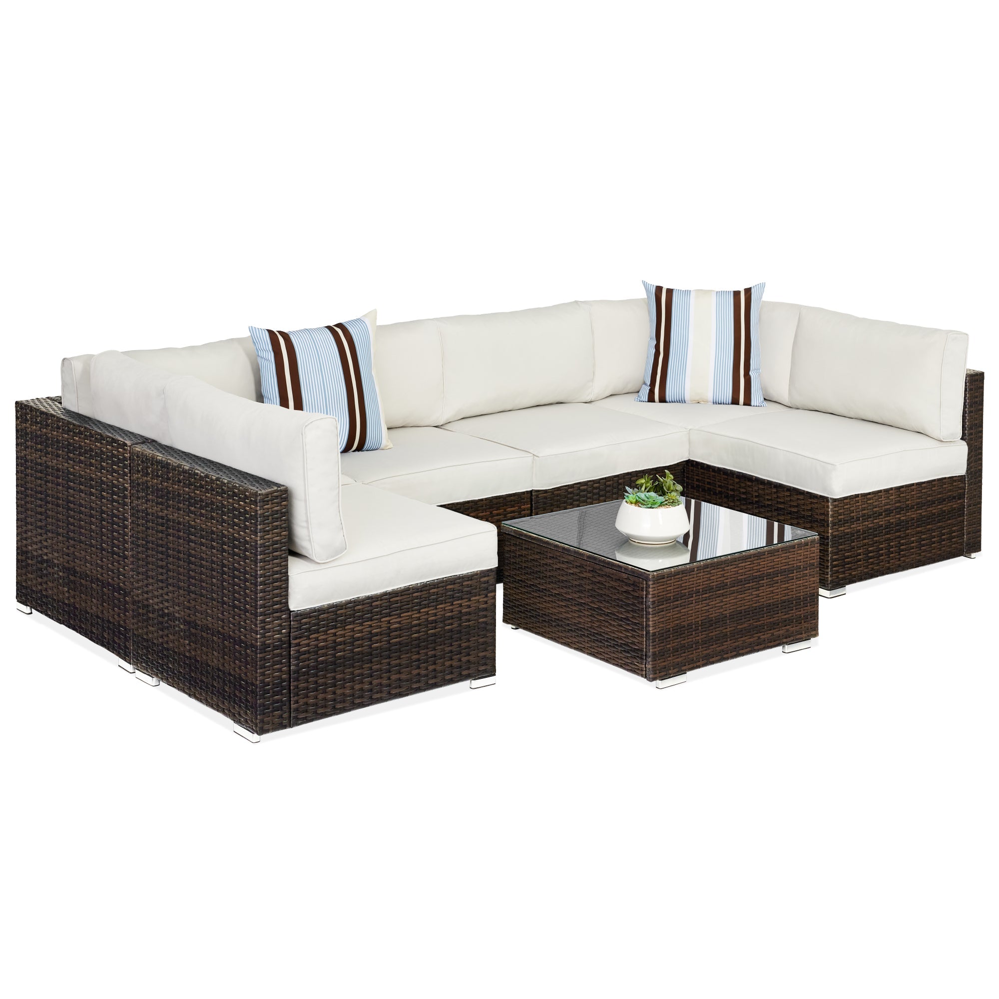 7-Piece Modular Wicker Sectional Conversation Set w/ 2 Pillows, Cover