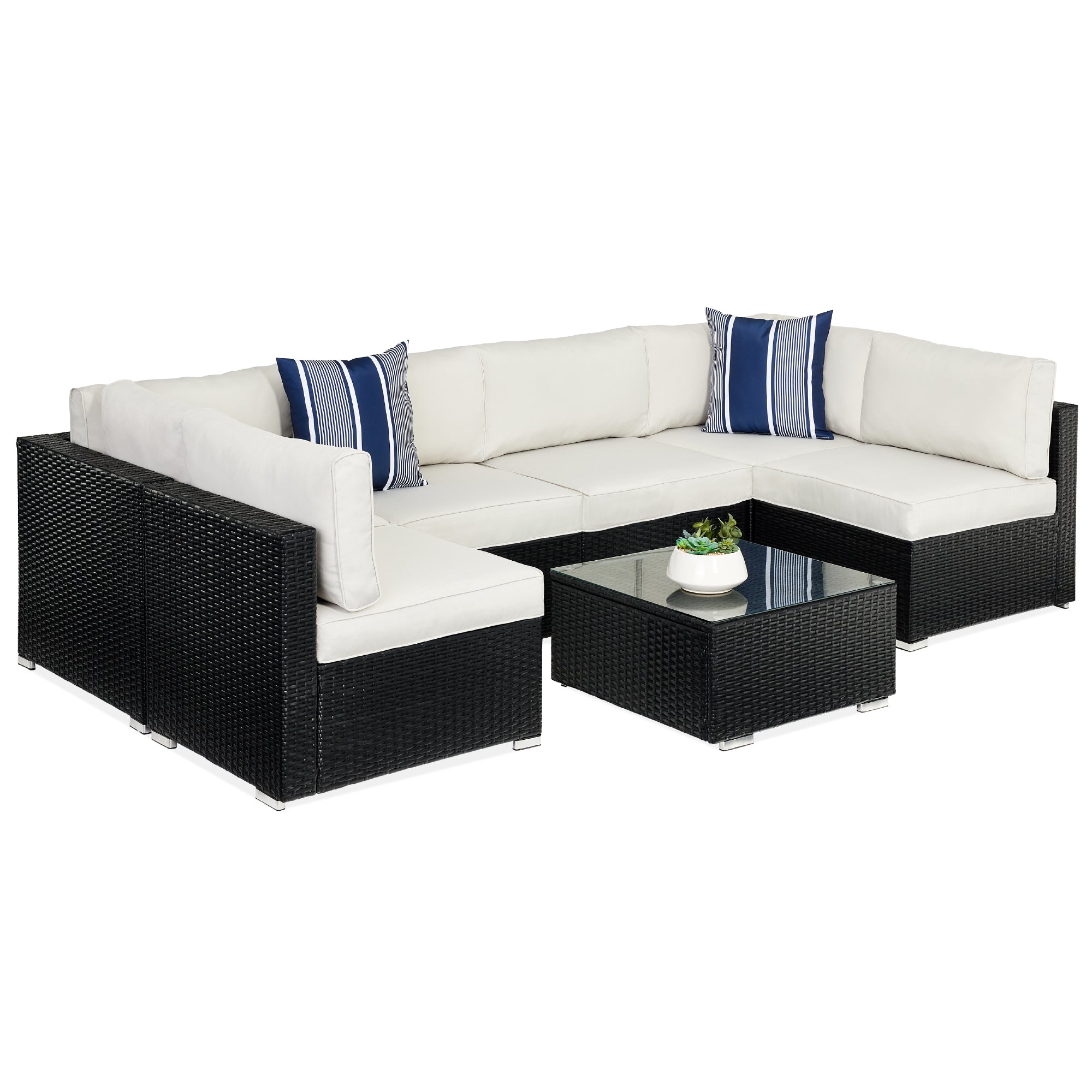 7-Piece Modular Wicker Sectional Conversation Set w/ 2 Pillows, Cover