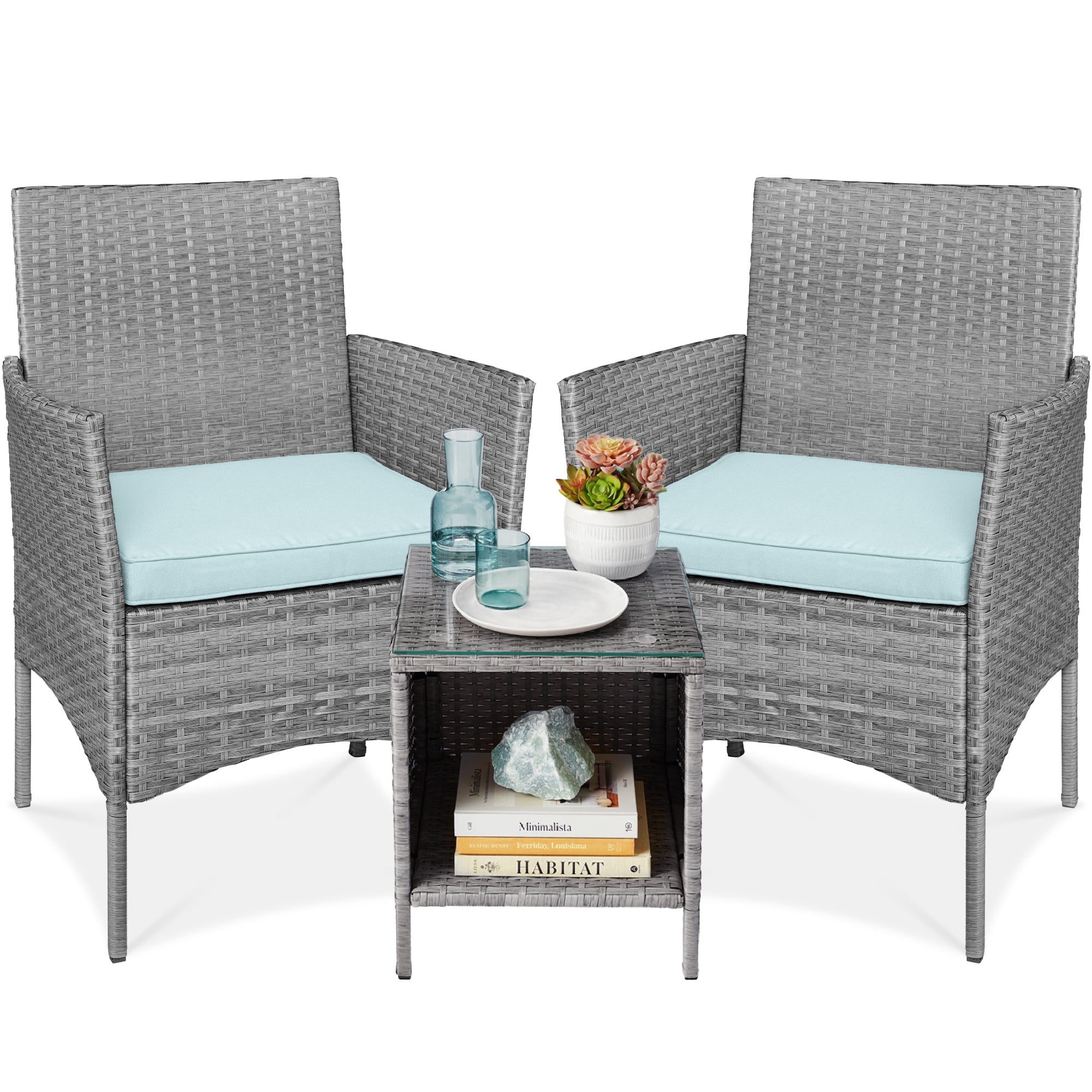 3-Piece Outdoor Patio Wicker Bistro Set w/ Side Storage Table