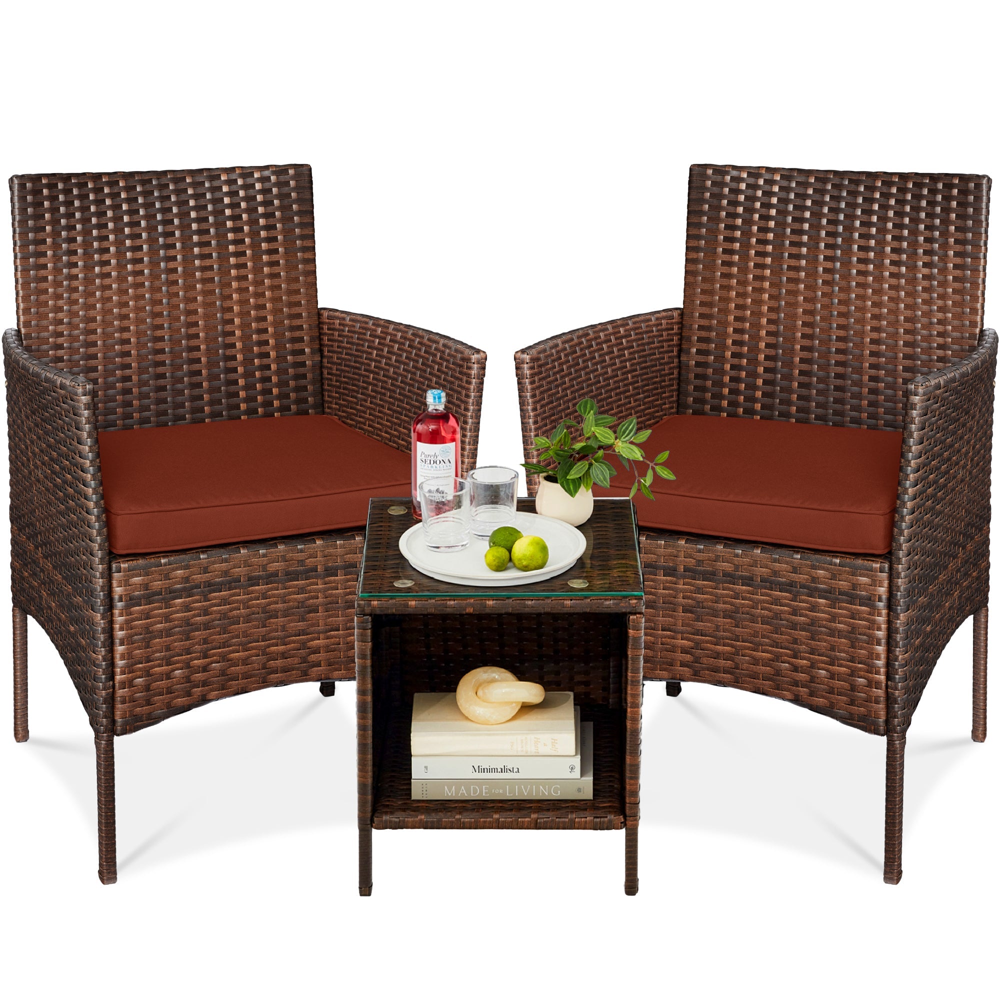 3-Piece Outdoor Patio Wicker Bistro Set w/ Side Storage Table