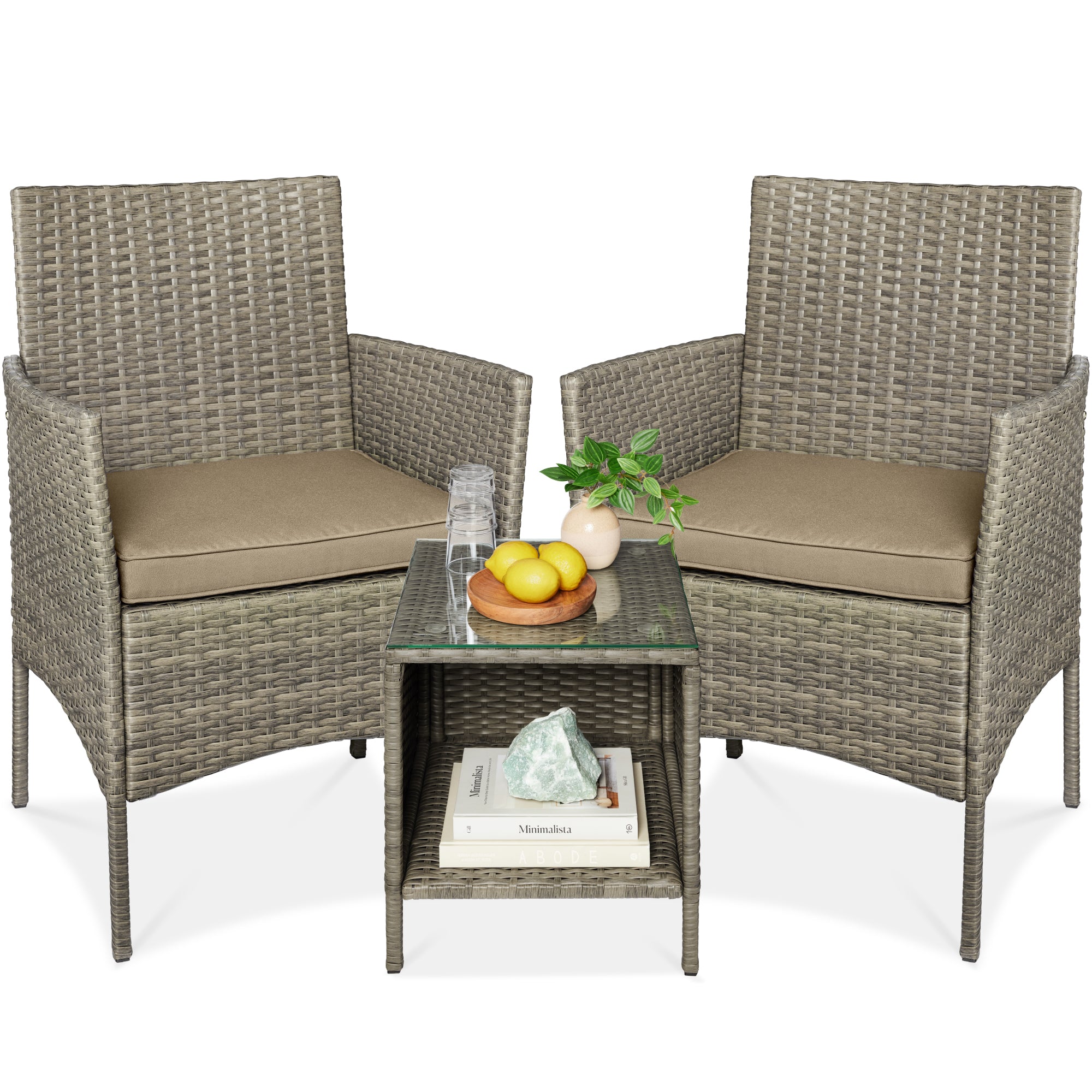 3-Piece Outdoor Patio Wicker Bistro Set w/ Side Storage Table