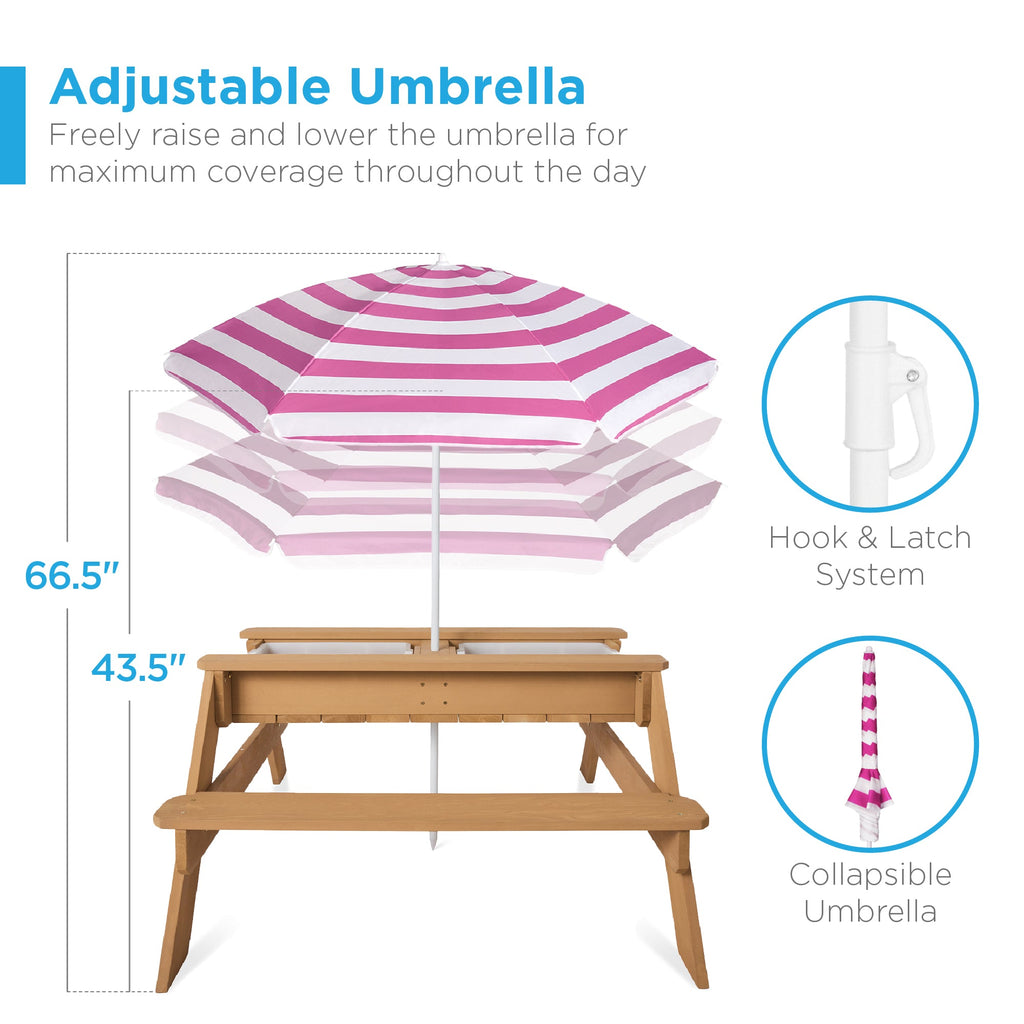 3-in-1 Kids Sand & Water Table Outdoor Wood Picnic Table w/ Umbrella