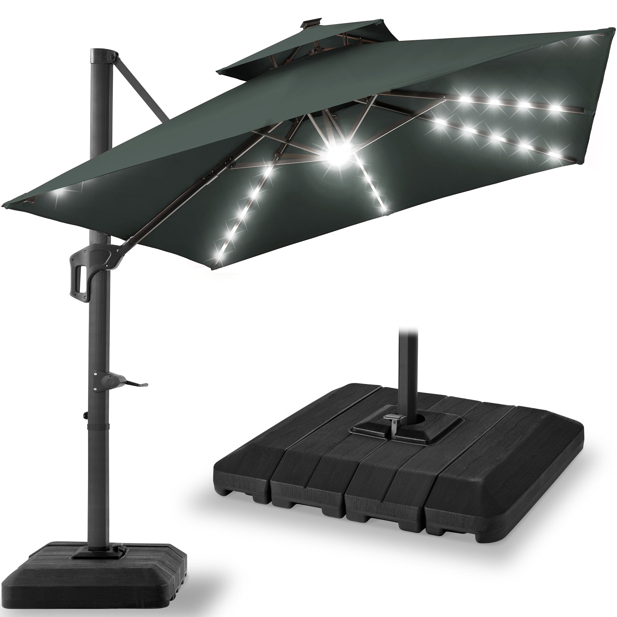 2-Tier Square LED Cantilever Offset Umbrella w/ 360 Rotation, Base - 10x10ft