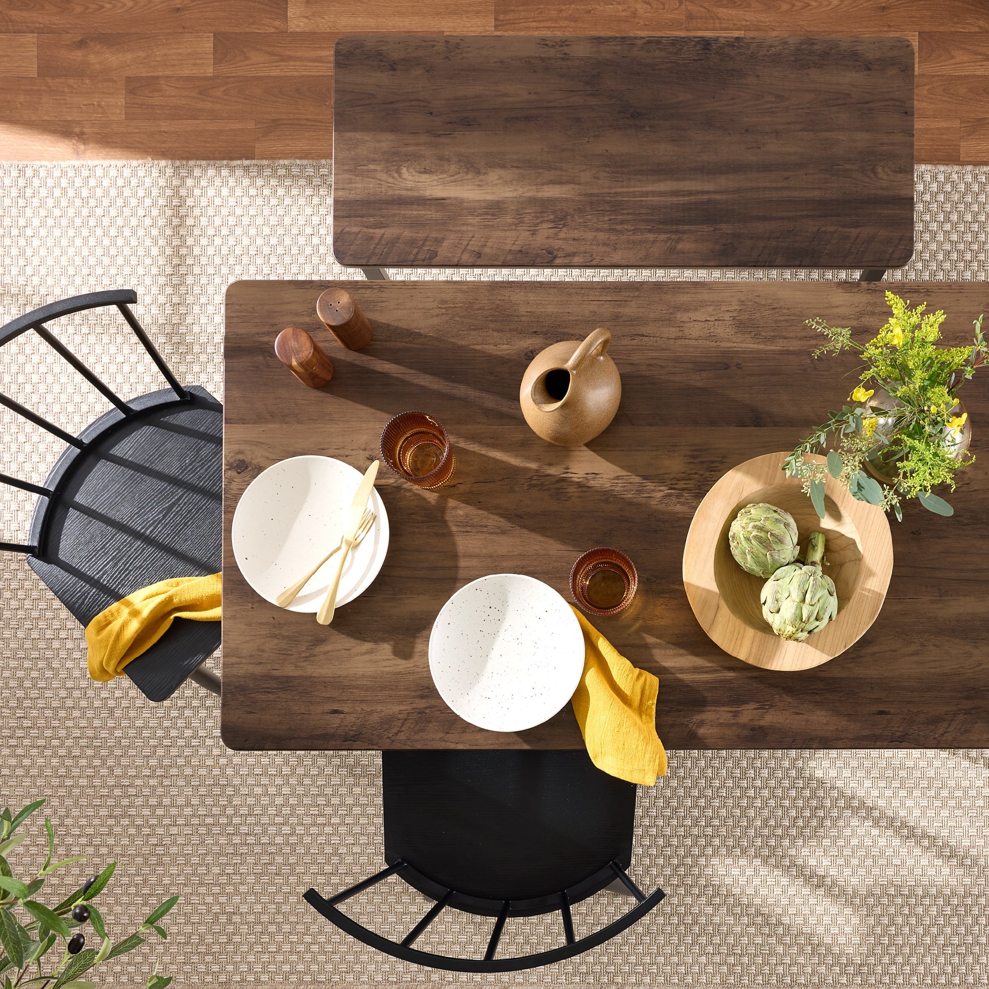 4-Piece Farmhouse Dining Table Set w/ 2 Black Spindle Chairs, Bench, Table