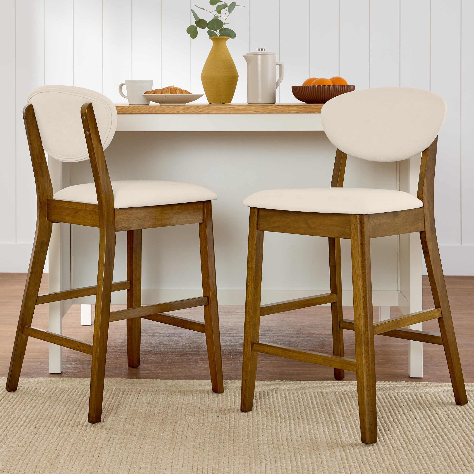2-Piece Mid-Century Modern Wood & Upholstered Counter Height Bar Stool Set