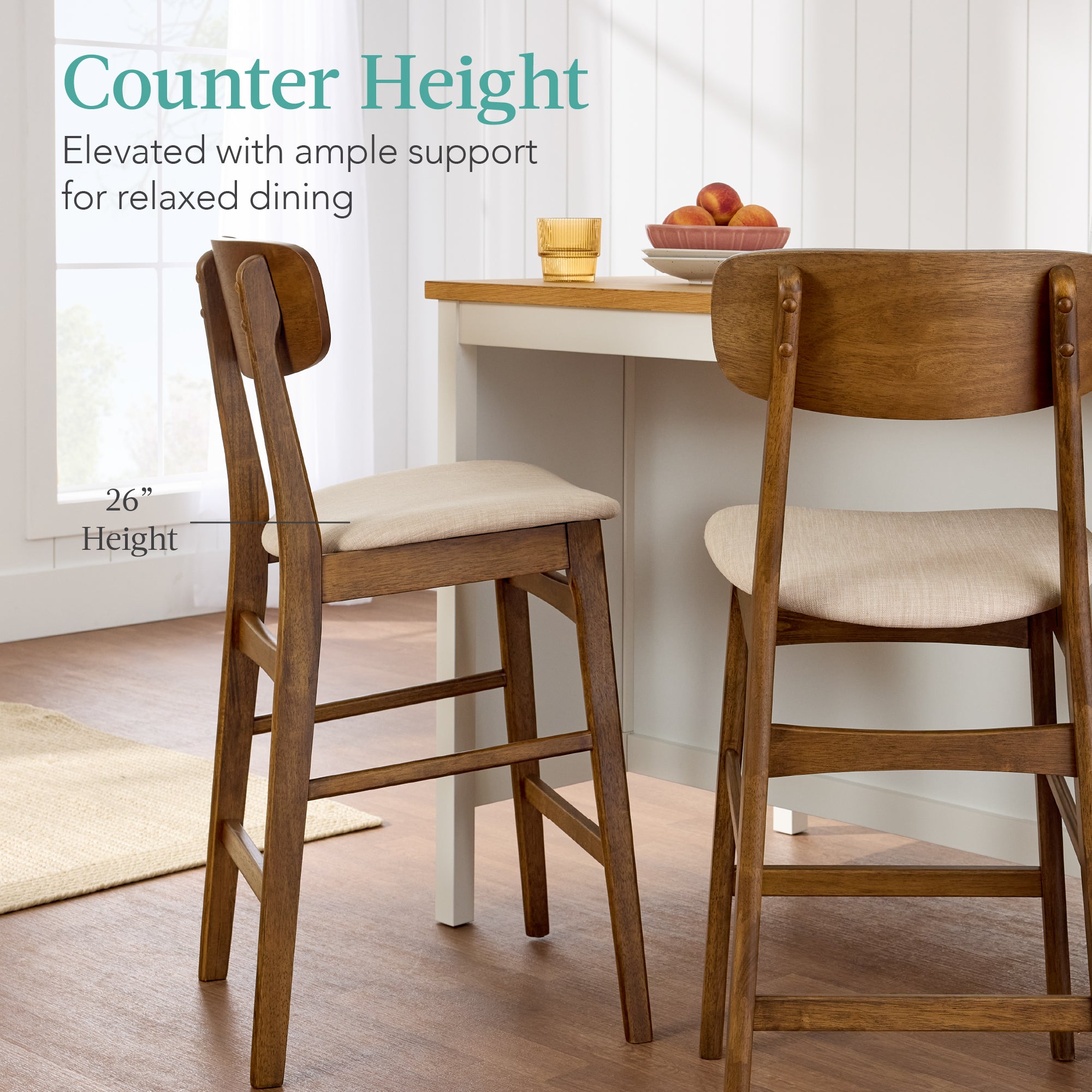 2-Piece Farmhouse Counter Height Bar Stool Set w/ Cushioned Seat, Backrest