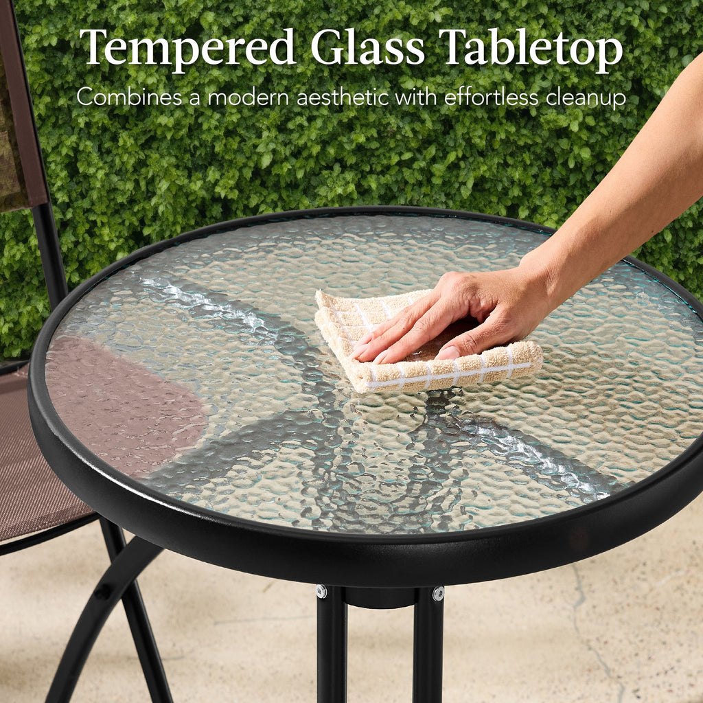 3-Piece Bistro Set w/ Glass Table, 2 Foldable Chairs