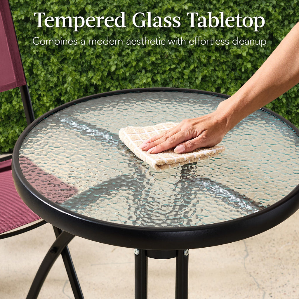 3-Piece Bistro Set w/ Glass Table, 2 Foldable Chairs
