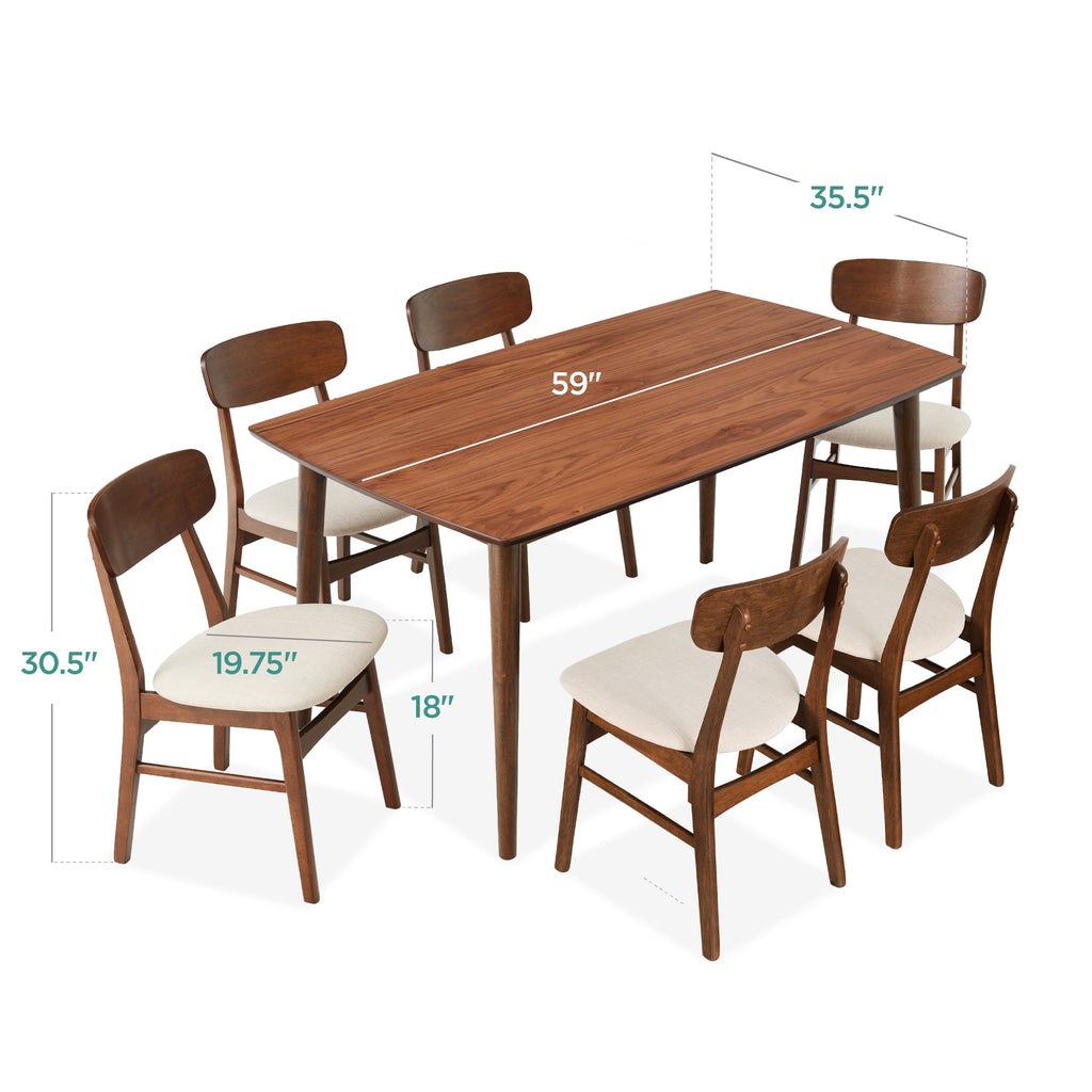 7-Piece Mid-Century Modern Dining Set, Wood Upholstered w/ 6 Chairs