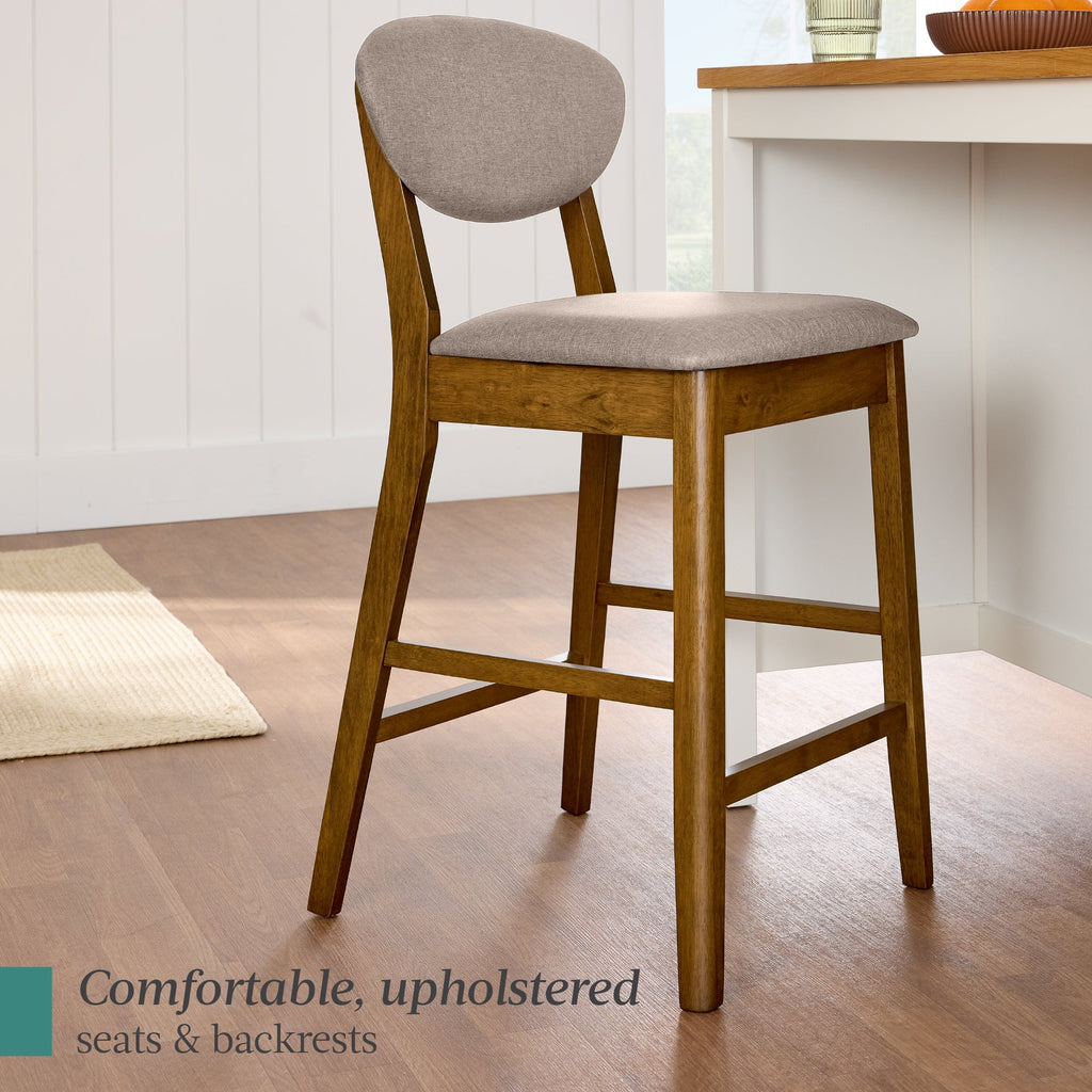 2-Piece Mid-Century Modern Wood & Upholstered Counter Height Bar Stool Set