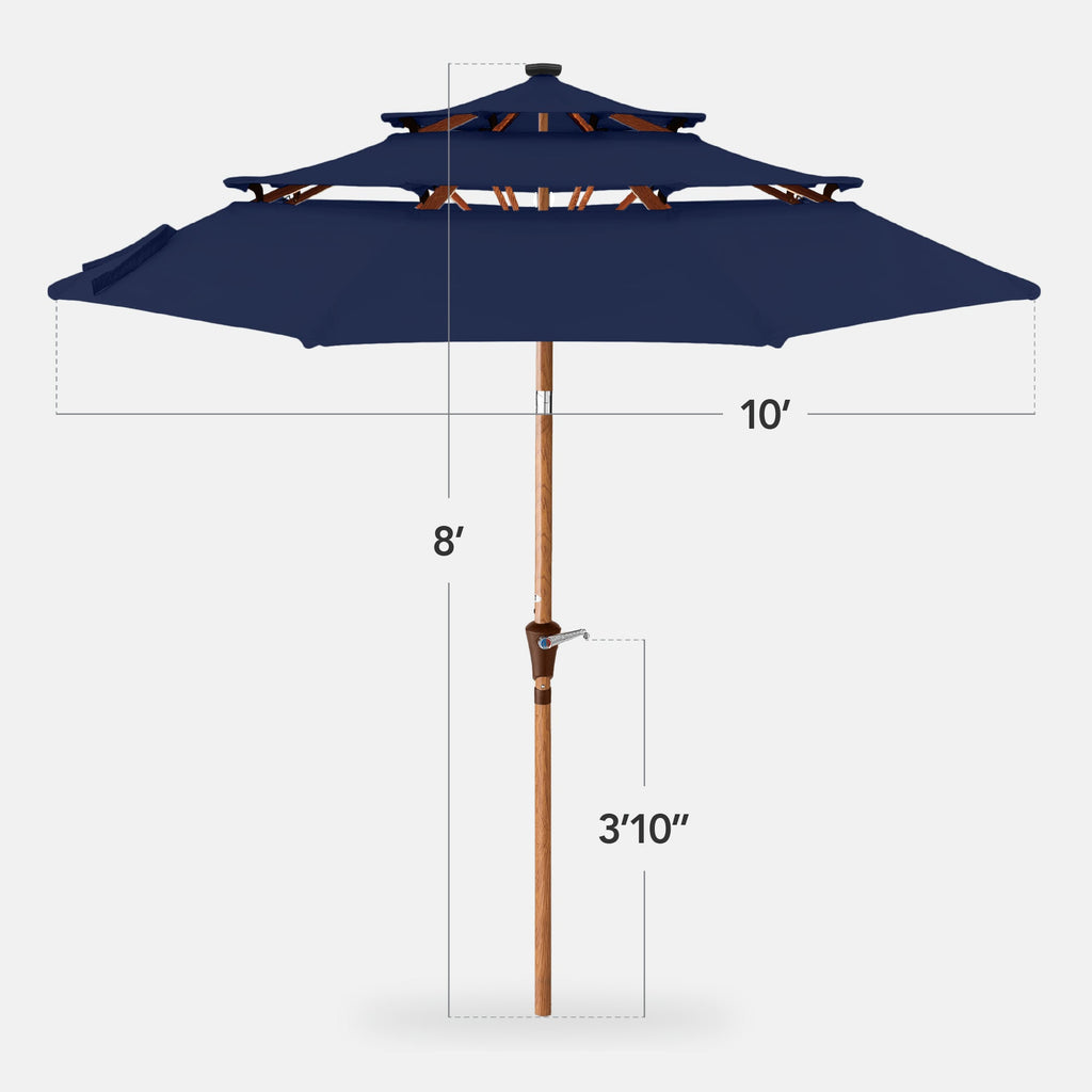 3-Tier Woodgrain Pattern Solar Patio Umbrella, Tilt Adjustment - 10ft