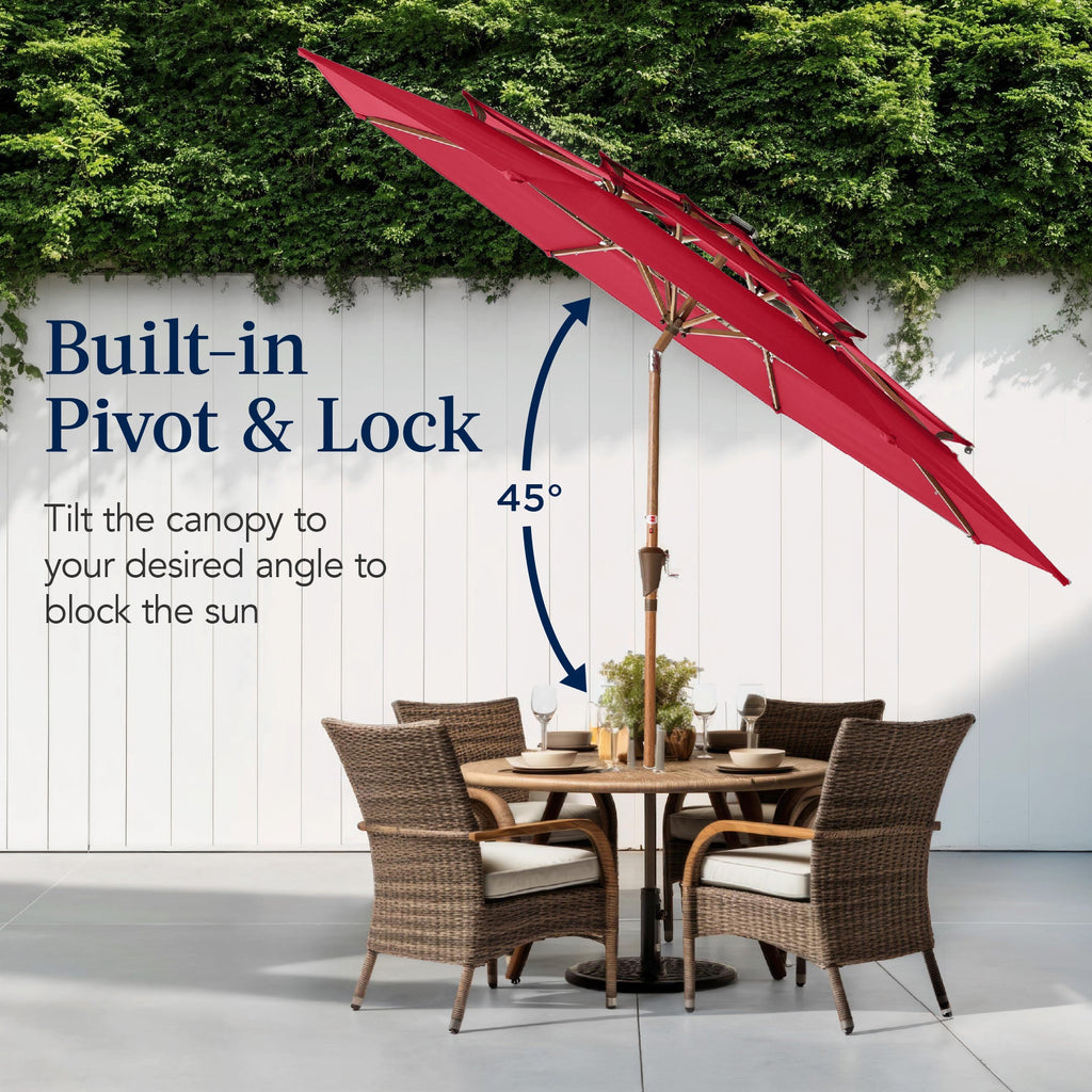 3-Tier Woodgrain Pattern Solar Patio Umbrella, Tilt Adjustment - 10ft