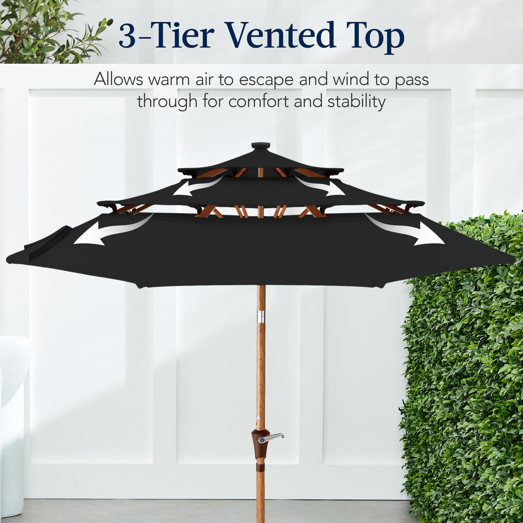 3-Tier Woodgrain Pattern Solar Patio Umbrella, Tilt Adjustment - 10ft