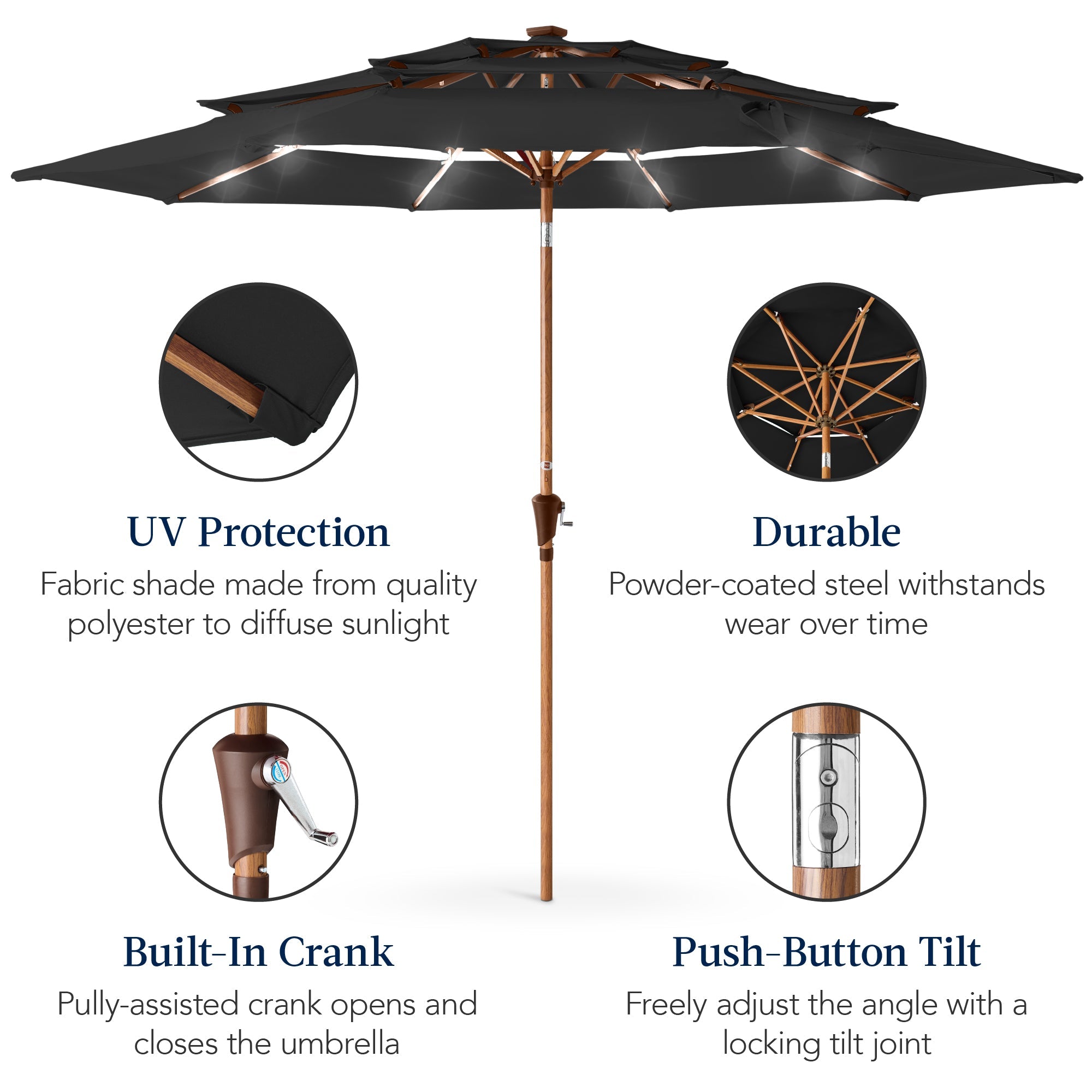 3-Tier Woodgrain Pattern Solar Patio Umbrella, Tilt Adjustment - 10ft