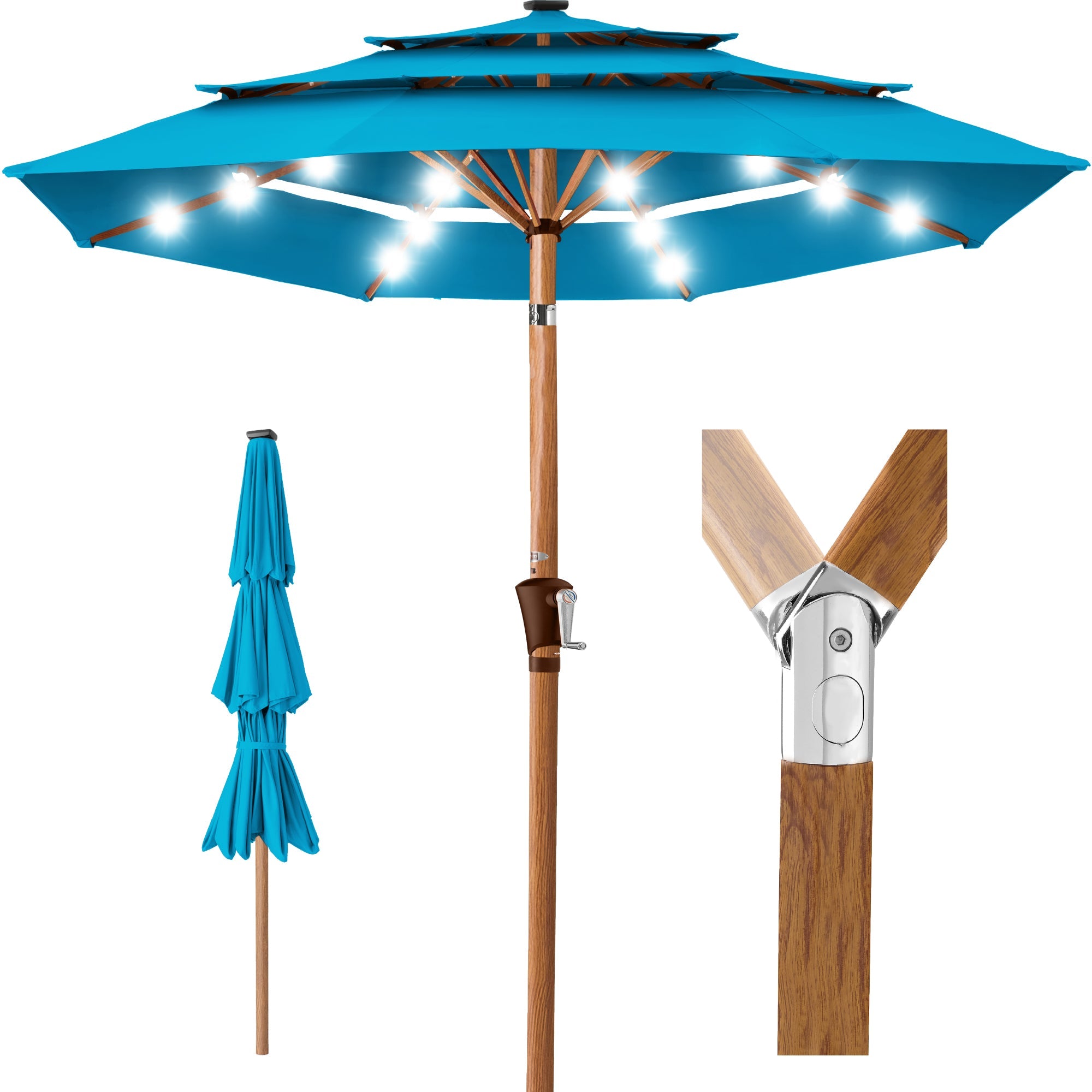 3-Tier Woodgrain Pattern Solar Patio Umbrella, Tilt Adjustment - 10ft