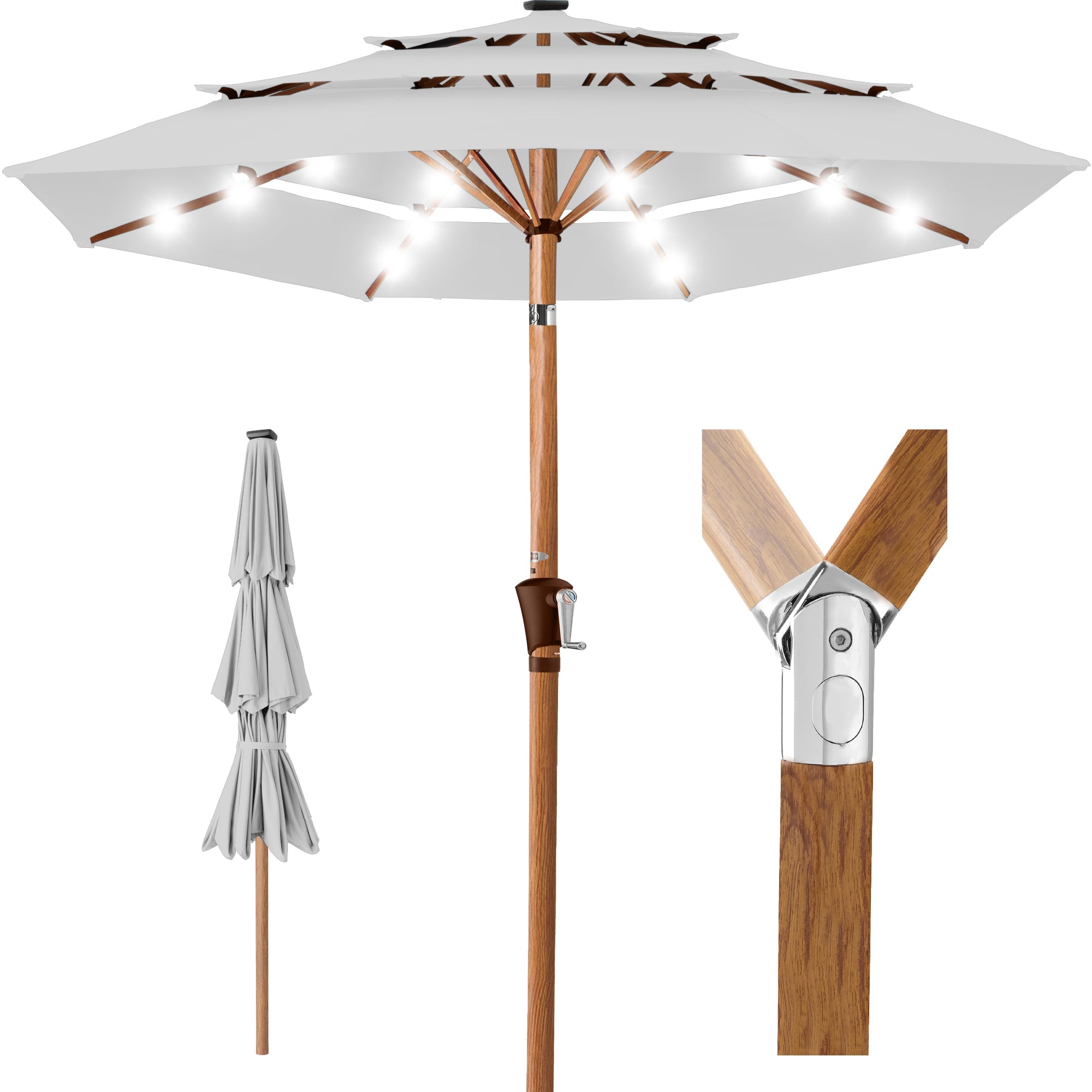 3-Tier Woodgrain Pattern Solar Patio Umbrella, Tilt Adjustment - 10ft