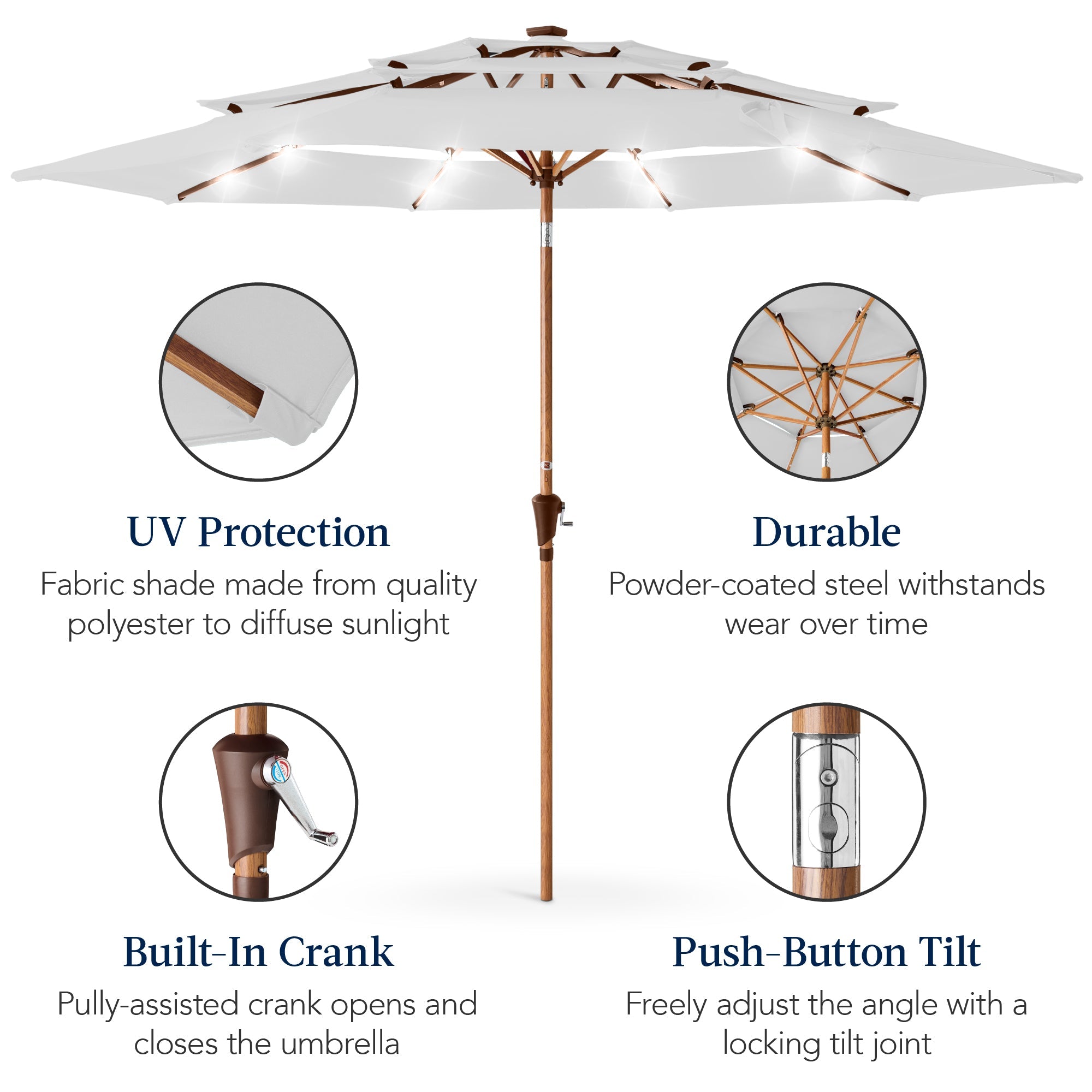 3-Tier Woodgrain Pattern Solar Patio Umbrella, Tilt Adjustment - 10ft