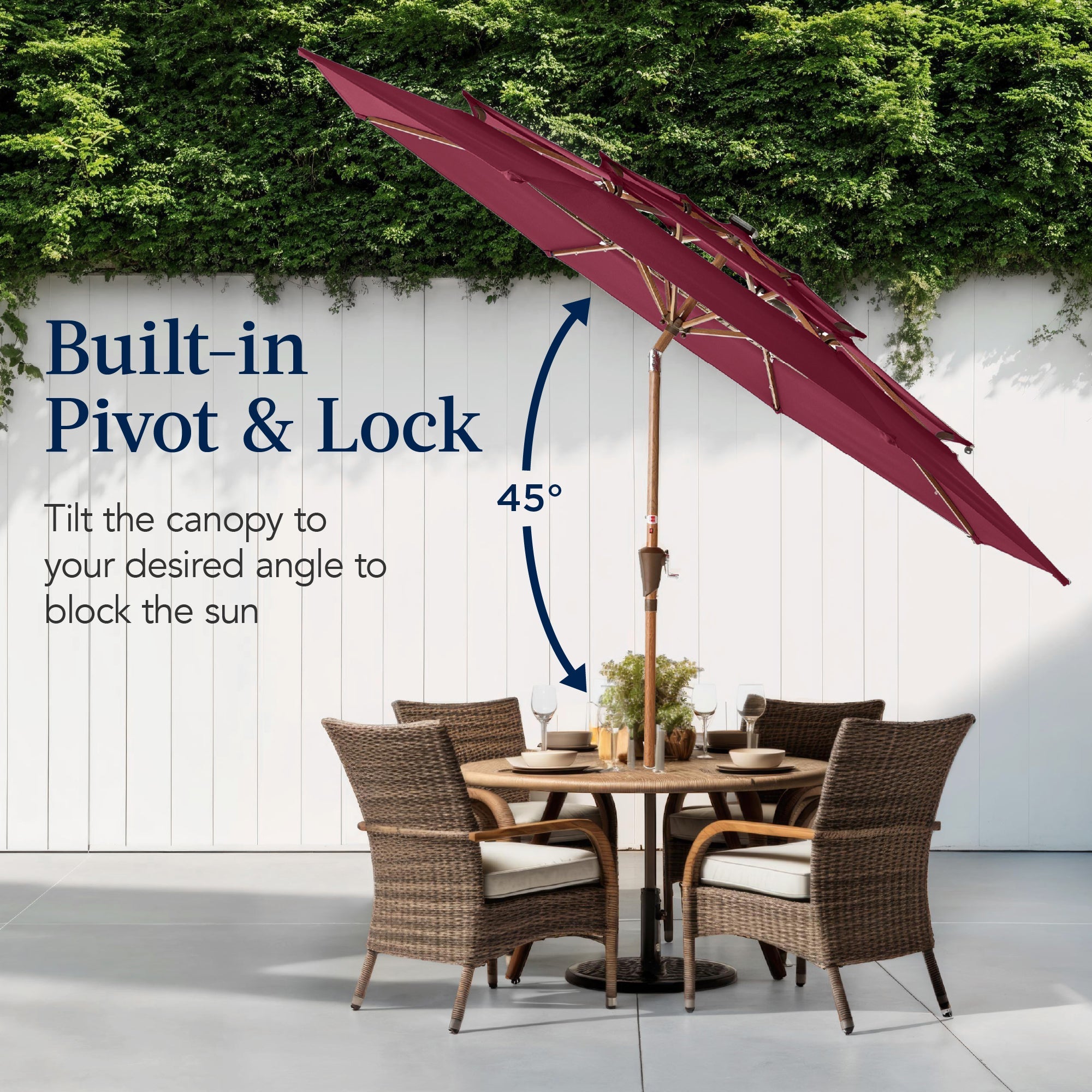 3-Tier Woodgrain Pattern Solar Patio Umbrella, Tilt Adjustment - 10ft
