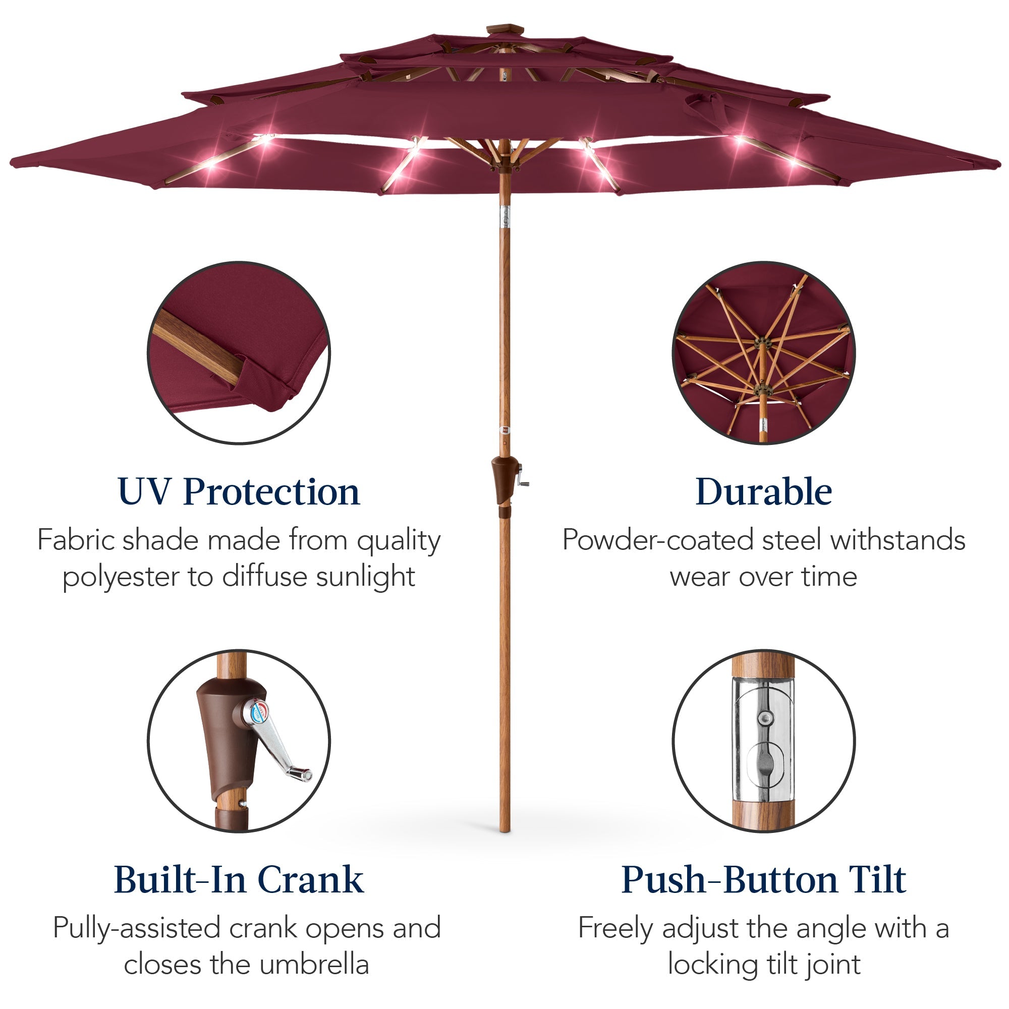 3-Tier Woodgrain Pattern Solar Patio Umbrella, Tilt Adjustment - 10ft