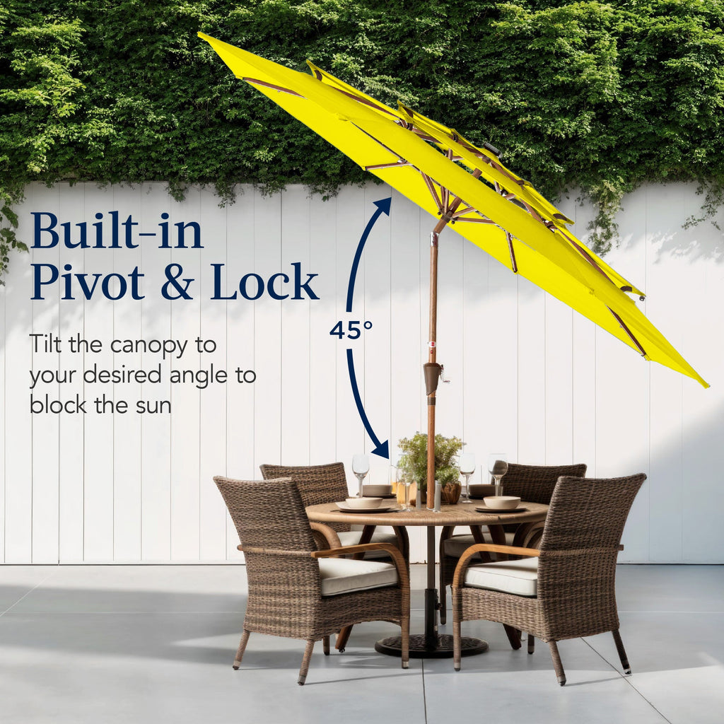 3-Tier Woodgrain Pattern Solar Patio Umbrella, Tilt Adjustment - 10ft