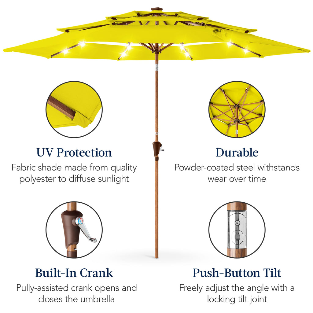 3-Tier Woodgrain Pattern Solar Patio Umbrella, Tilt Adjustment - 10ft