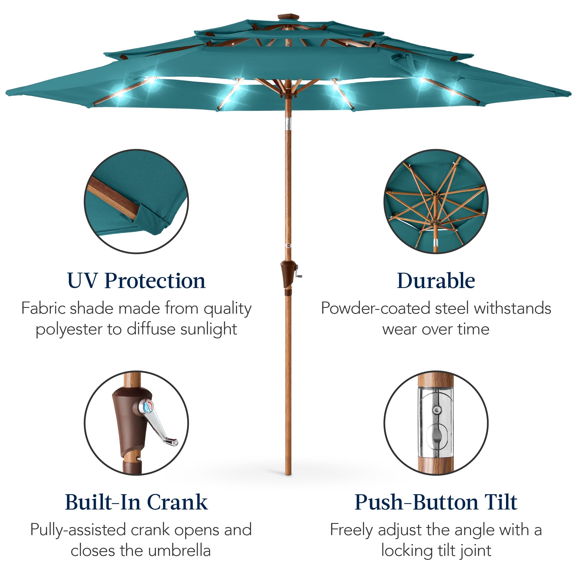 3-Tier Woodgrain Pattern Solar Patio Umbrella, Tilt Adjustment - 10ft