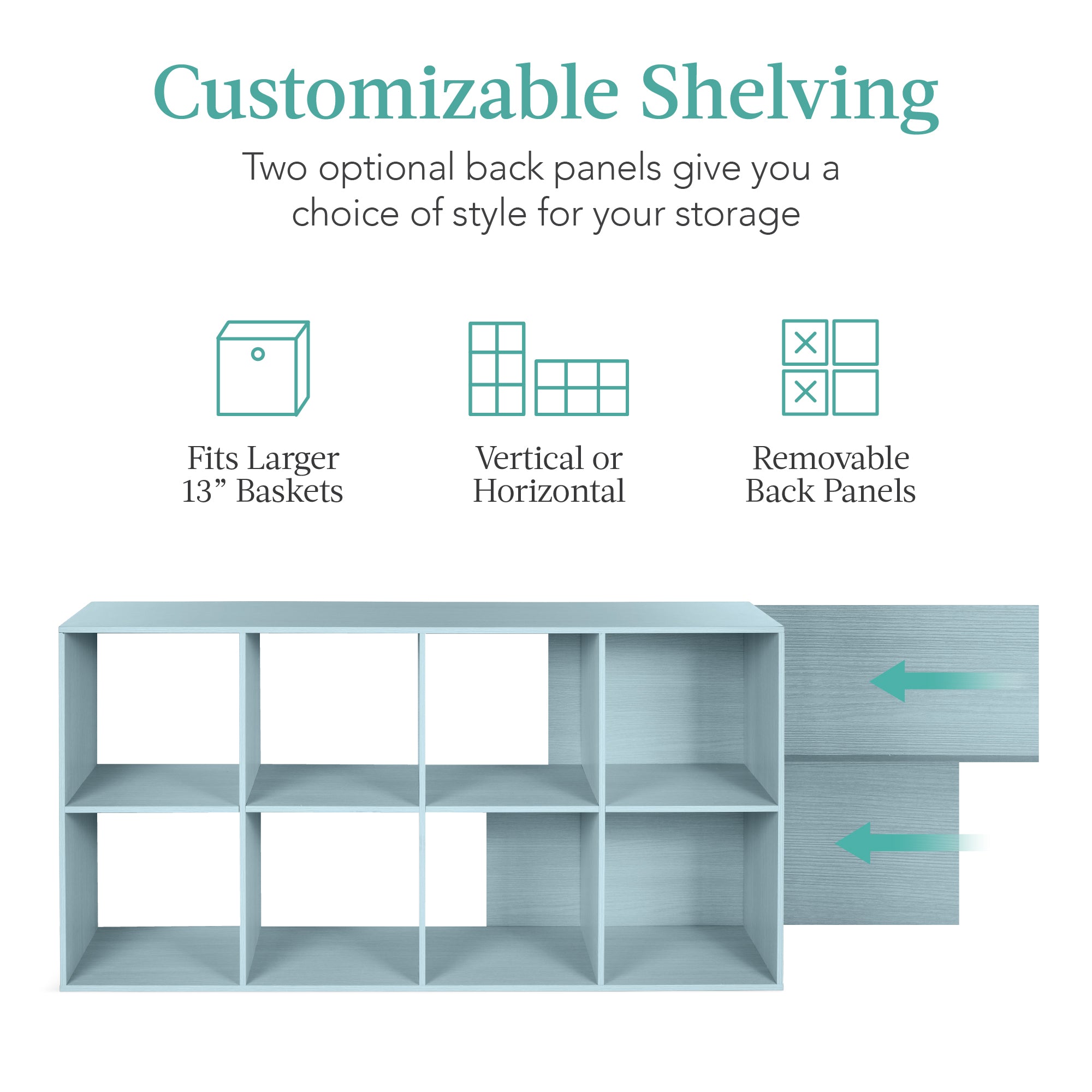 8-Cube Bookshelf, 13.5in Storage Display w/ Removable Panels, Customizable