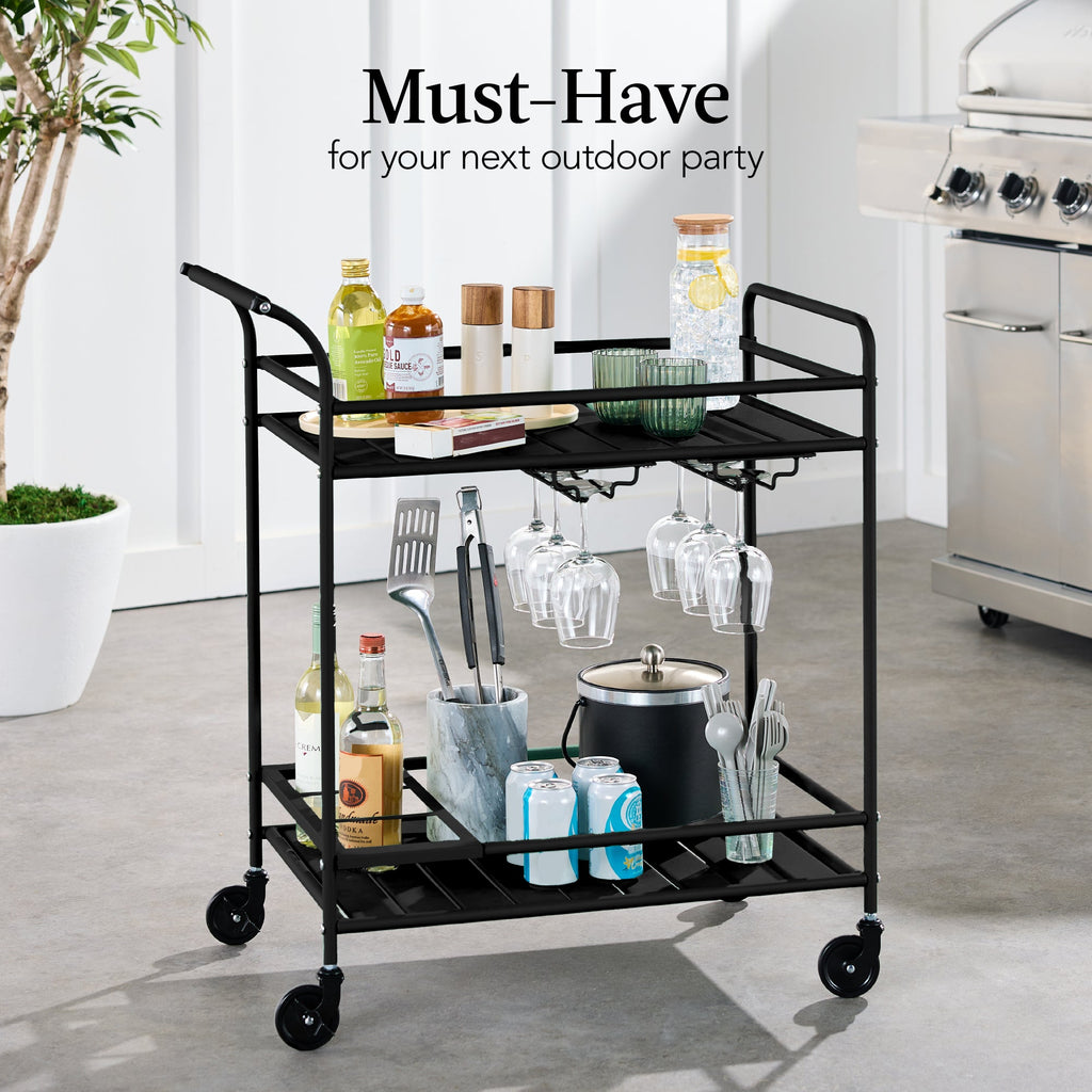 2-Tier Rolling Bar Cart Indoor/Outdoor w/ Shelves, Wine Rack, Locking Wheels