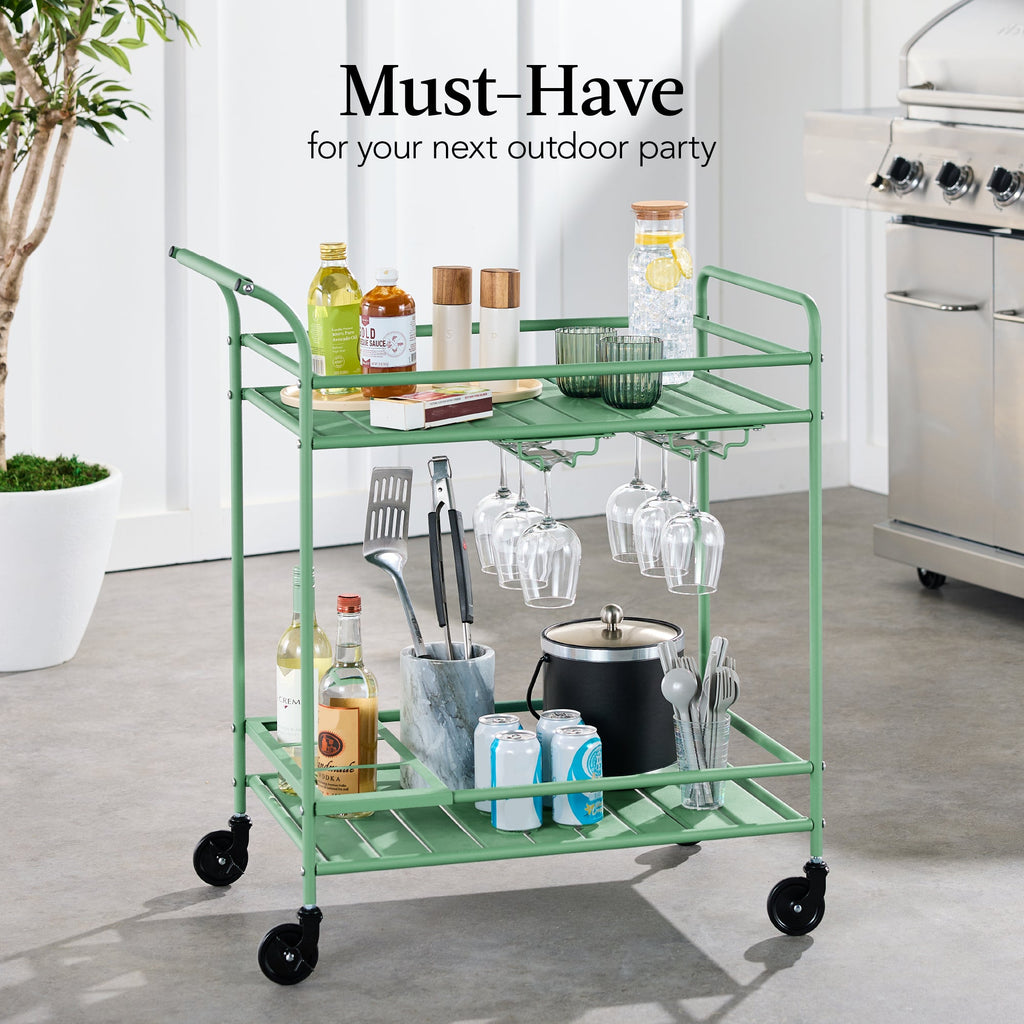 2-Tier Rolling Bar Cart Indoor/Outdoor w/ Shelves, Wine Rack, Locking Wheels