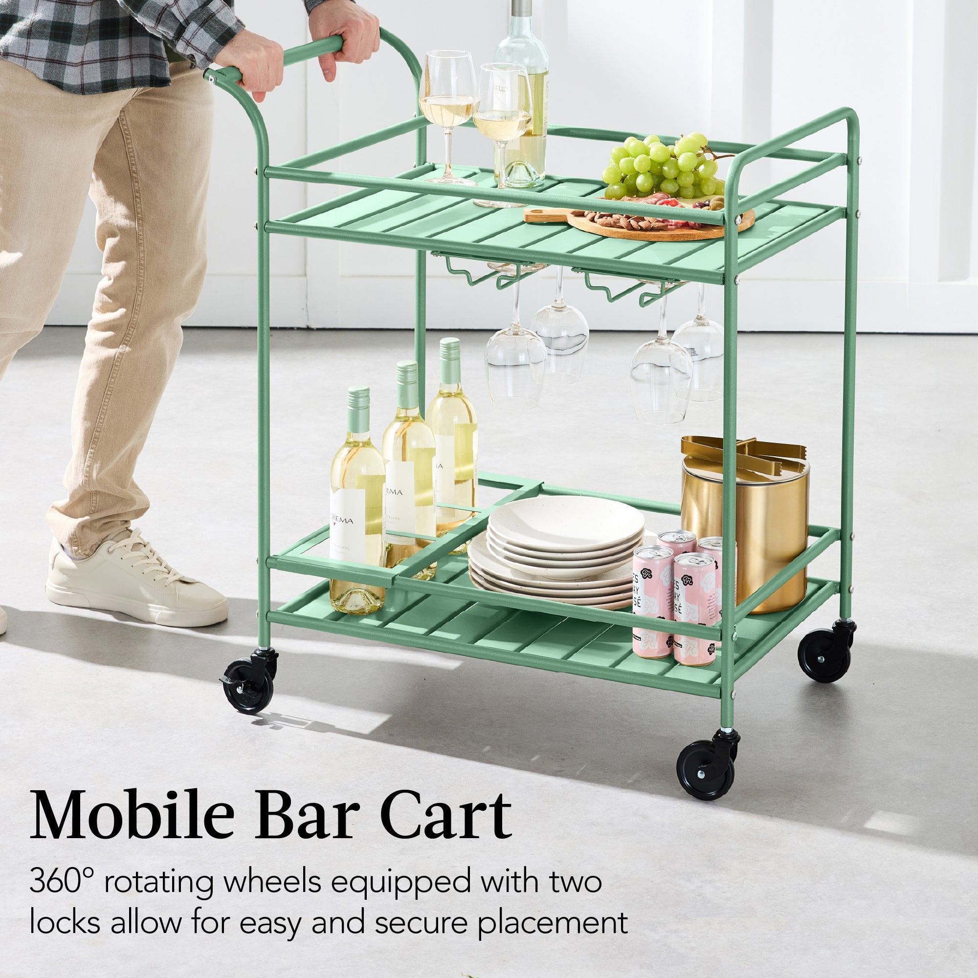 2-Tier Rolling Bar Cart Indoor/Outdoor w/ Shelves, Wine Rack, Locking Wheels