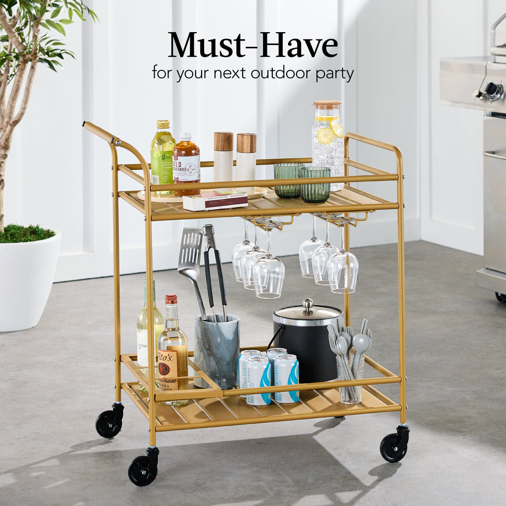 2-Tier Rolling Bar Cart Indoor/Outdoor w/ Shelves, Wine Rack, Locking Wheels