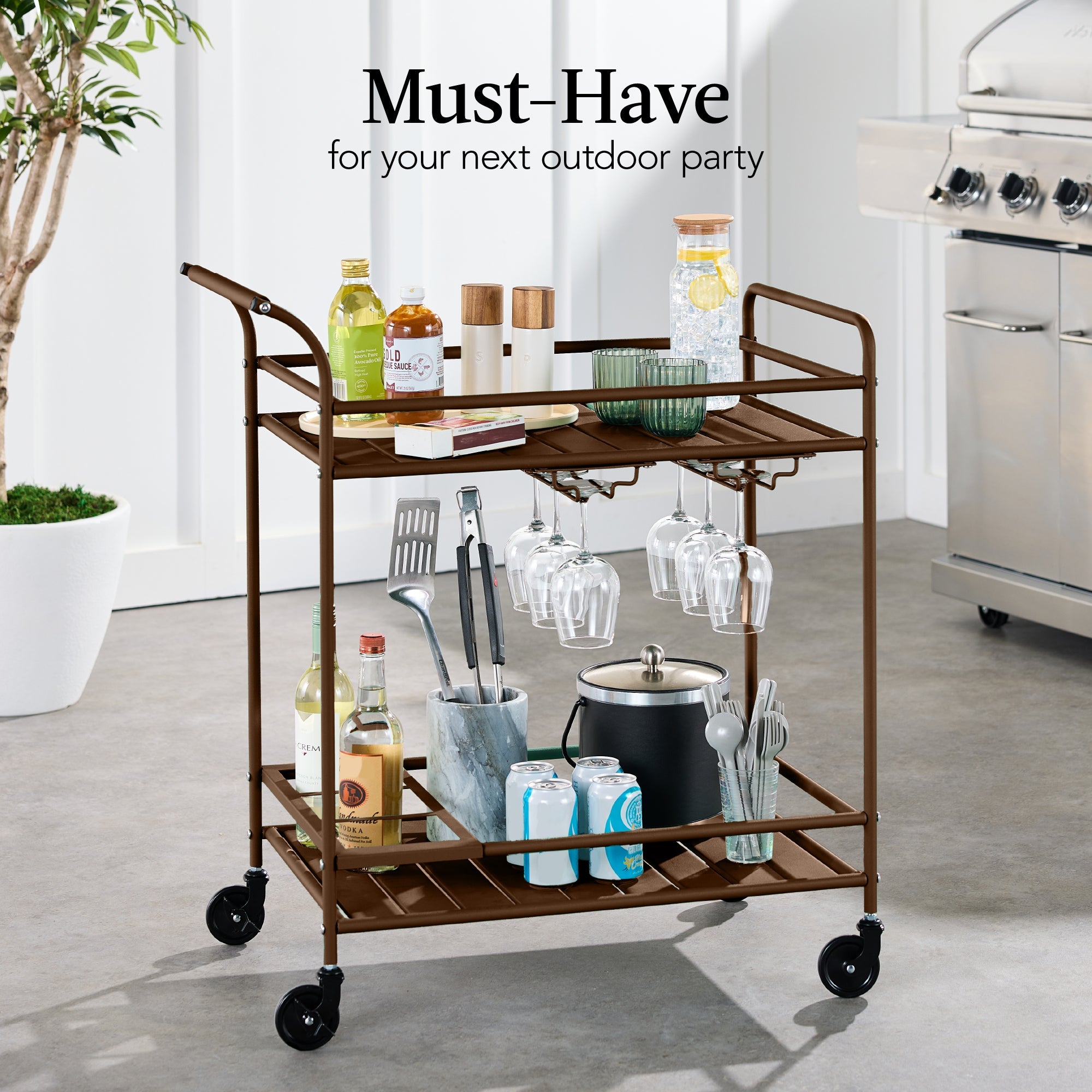 2-Tier Rolling Bar Cart Indoor/Outdoor w/ Shelves, Wine Rack, Locking Wheels