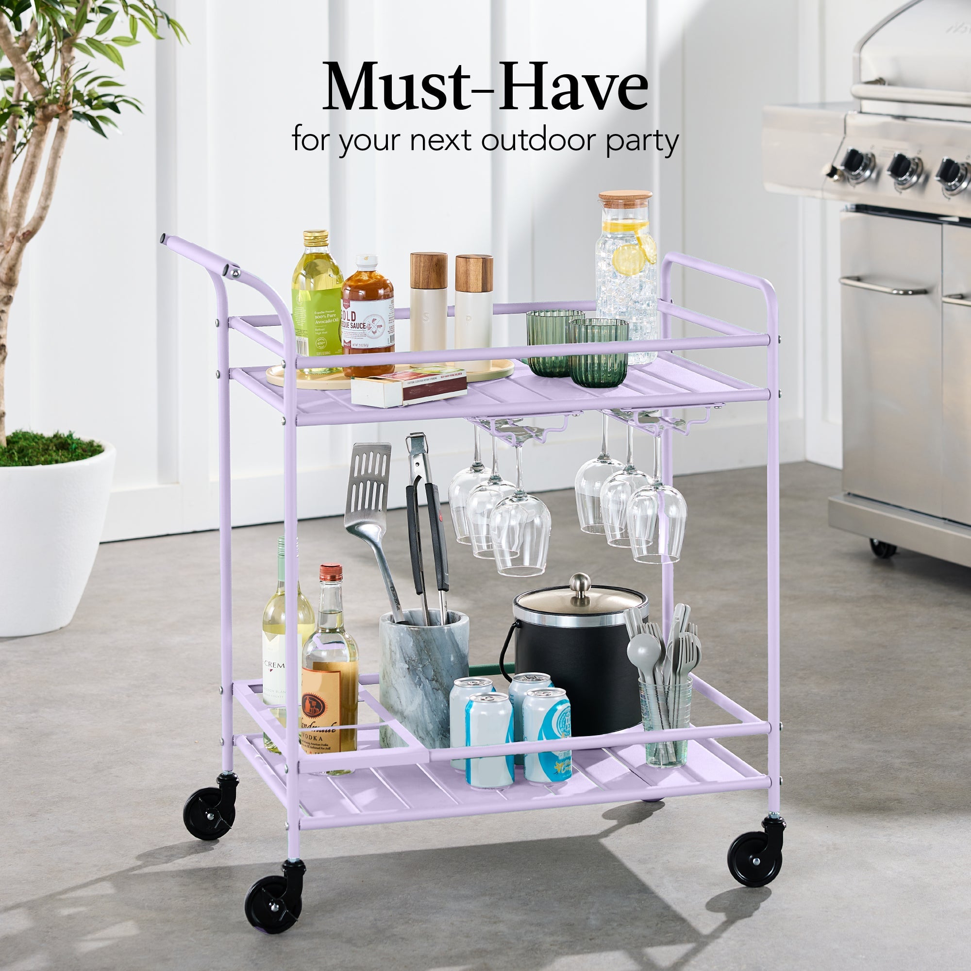 2-Tier Rolling Bar Cart Indoor/Outdoor w/ Shelves, Wine Rack, Locking Wheels