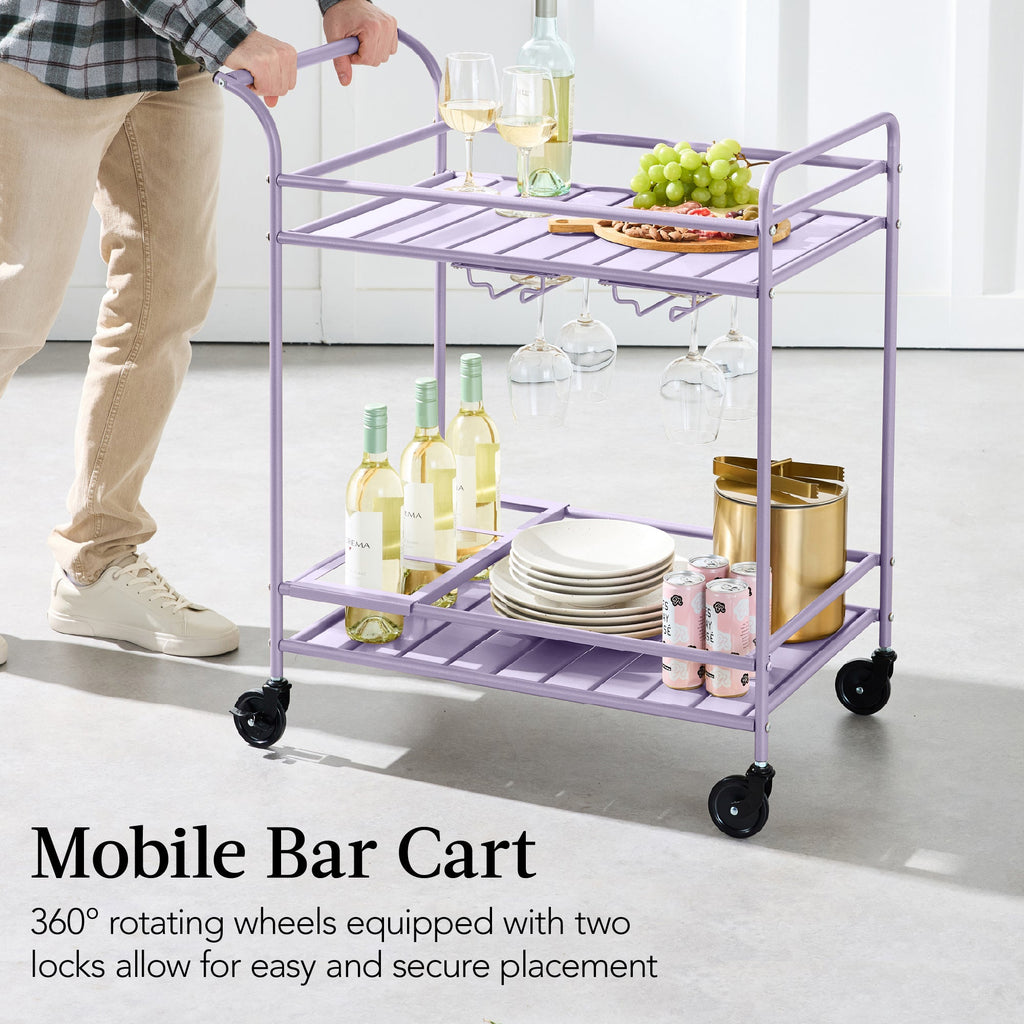 2-Tier Rolling Bar Cart Indoor/Outdoor w/ Shelves, Wine Rack, Locking Wheels