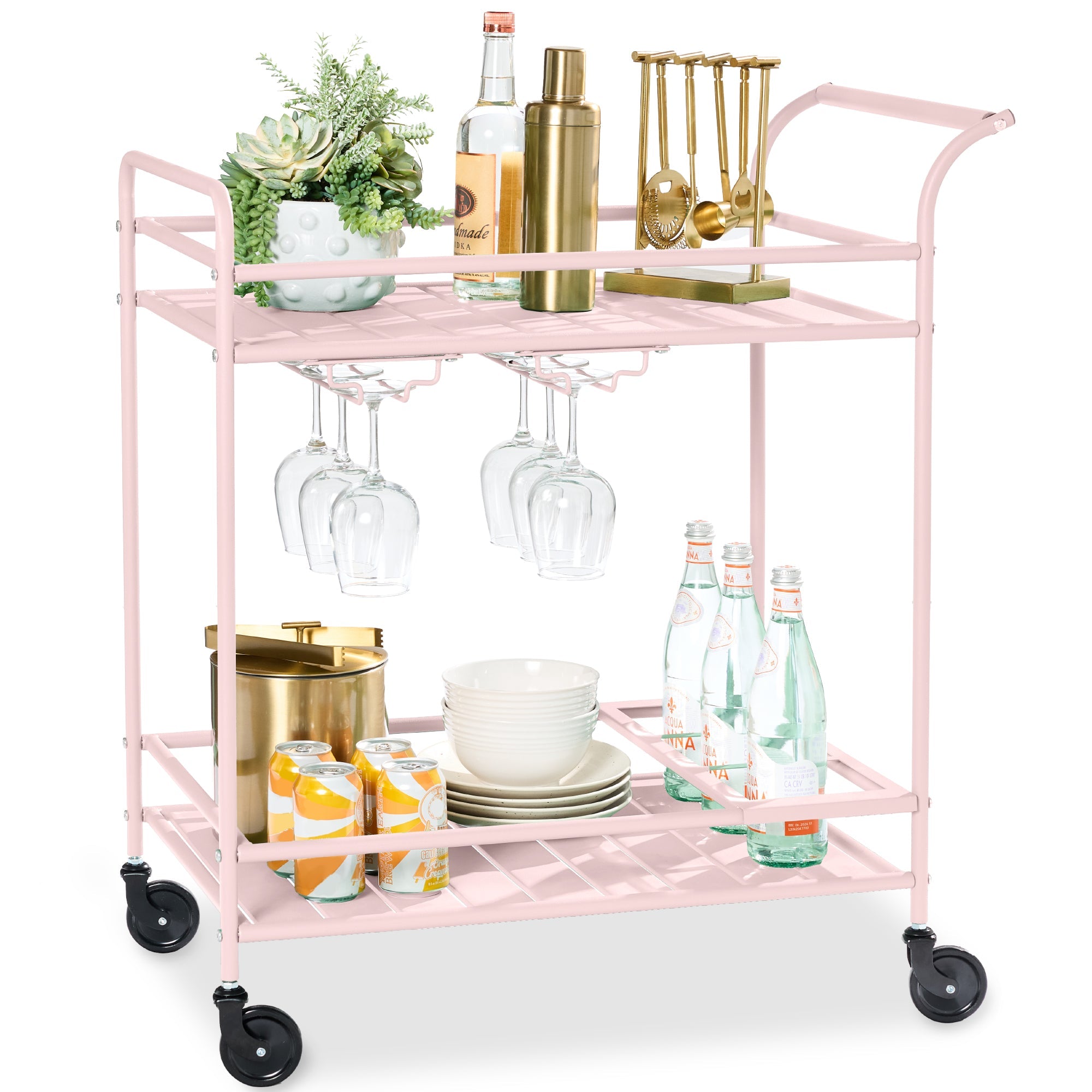 2-Tier Rolling Bar Cart Indoor/Outdoor w/ Shelves, Wine Rack, Locking Wheels