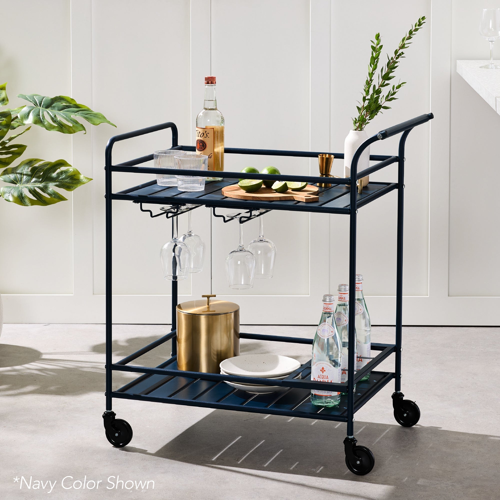 2-Tier Rolling Bar Cart Indoor/Outdoor w/ Shelves, Wine Rack, Locking Wheels